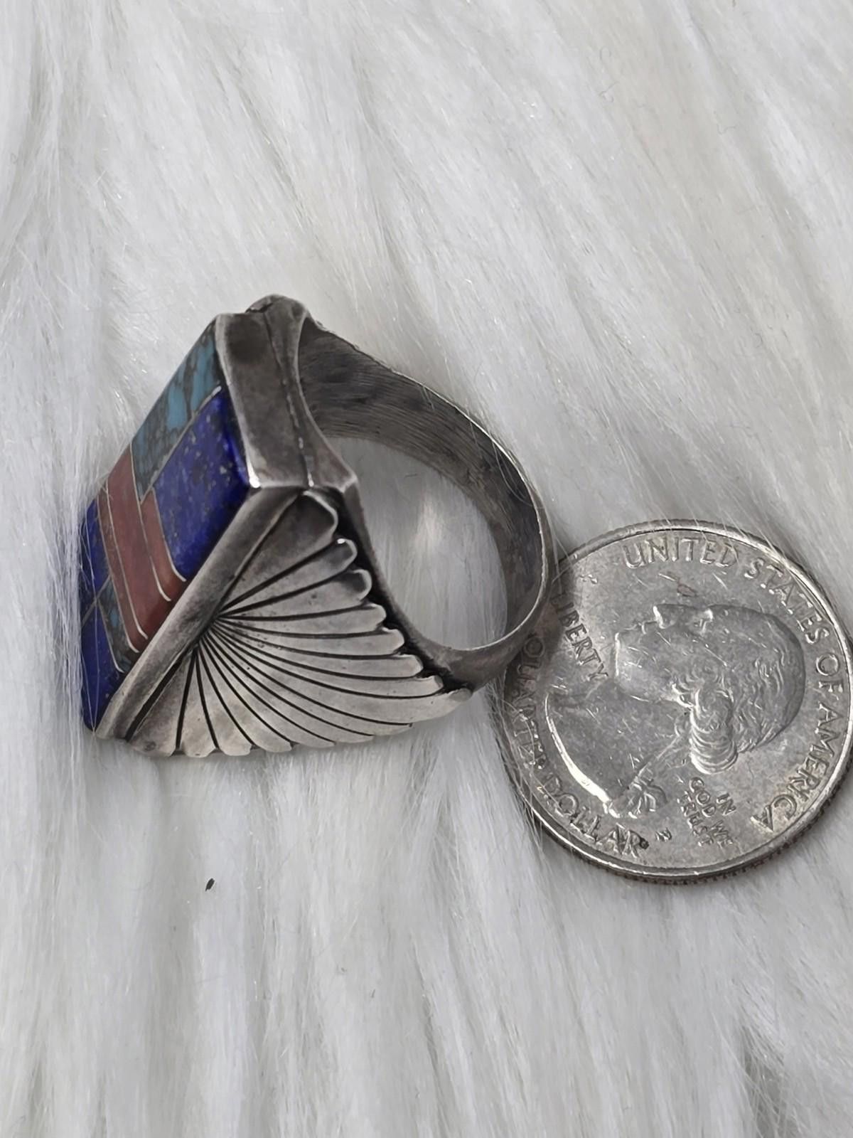 Other Navajo Sterling Inlay Ring ML Lapis Coral Turquoise Signed Size ONE SIZE - 5 Thumbnail