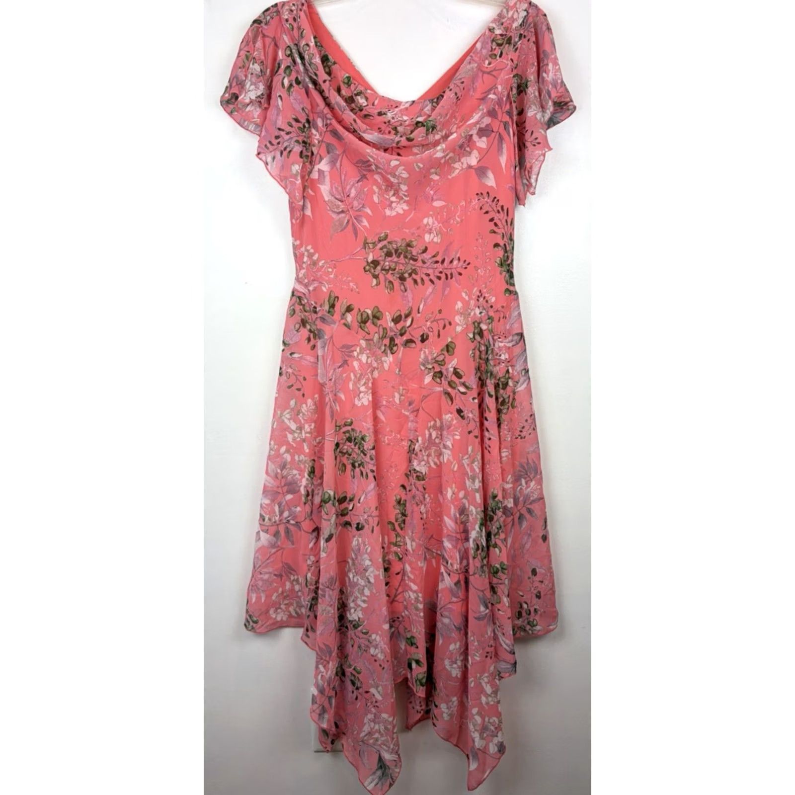 Vintage Robbir Bee Floral Midi Dress Womens 14 Drape Neck Chiffon Asymmetric Hem Flutter Sleeve PULLOVER Size XL / US 12-14 / IT 48-50 - 2 Thumbnail