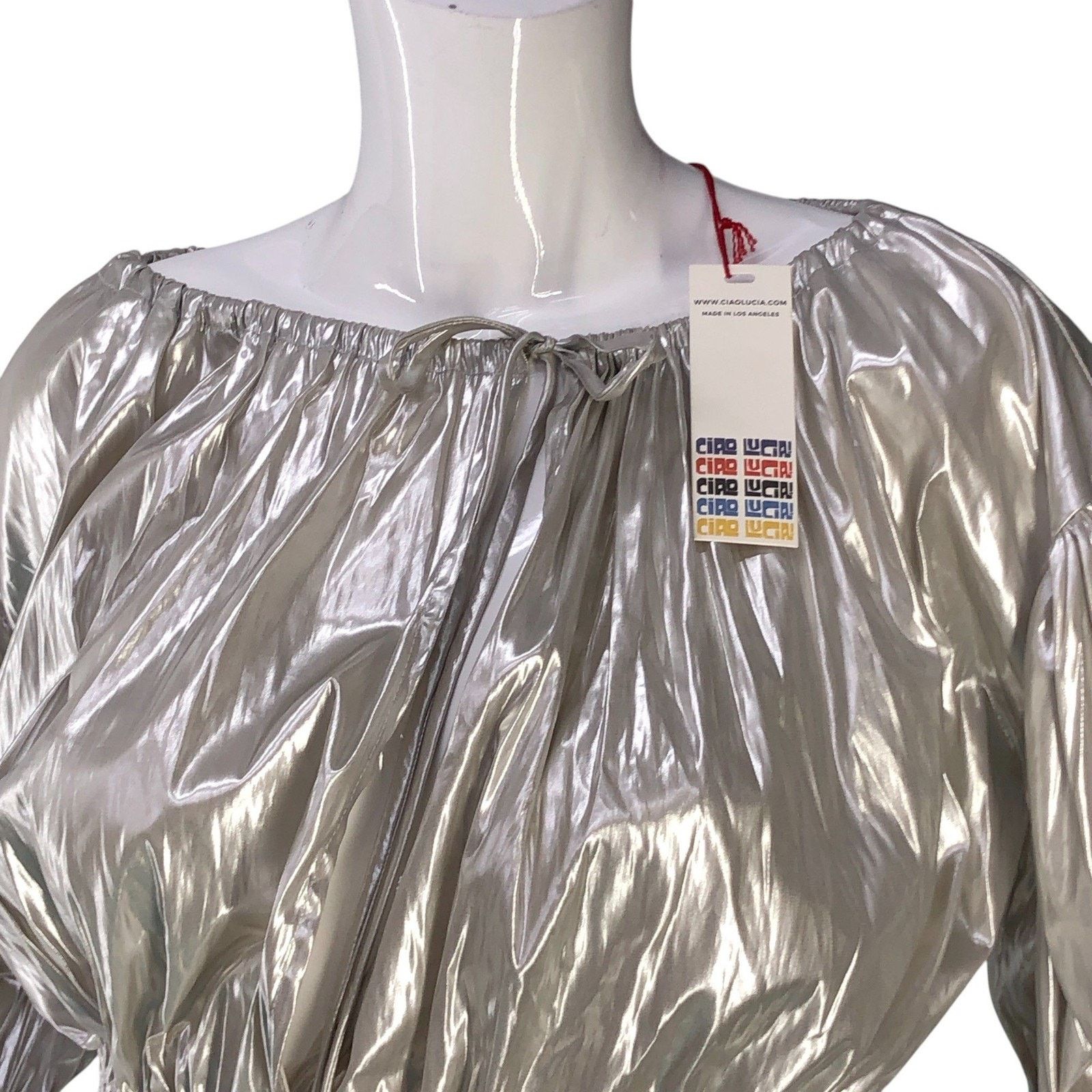 Ciao Lucia Ciao Lucia Top XS Octavia Foiled Satin Cropped Puff Sleeve Size XS / US 0-2 / IT 36-38 - 2 Thumbnail