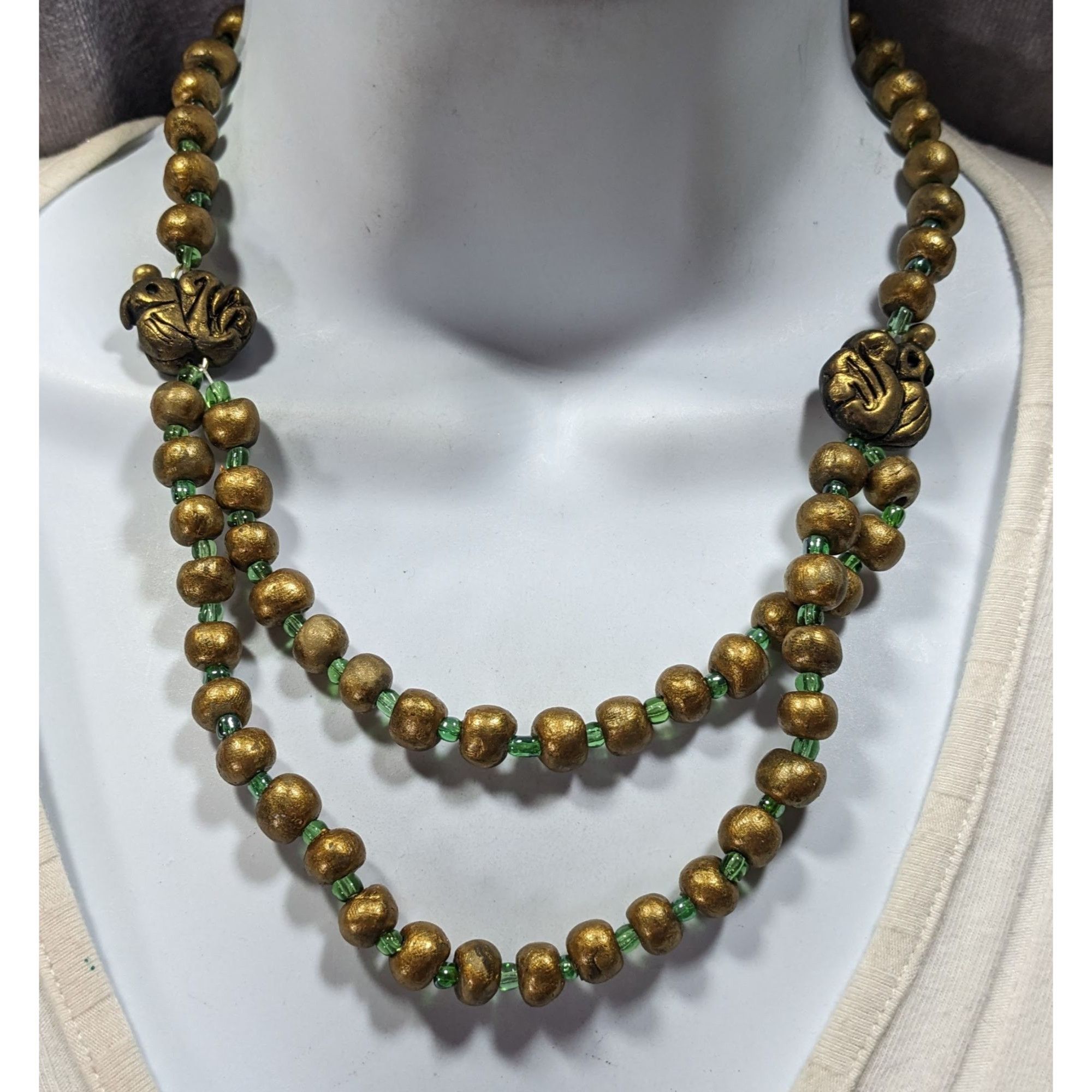 Other Handmade Polymer Clay Beaded Gold Tone And Green Necklace Wi Size ONE SIZE - 2 Thumbnail