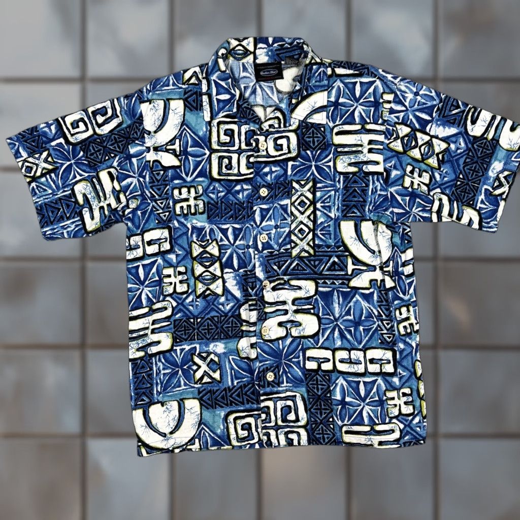 VINTAGE Anchor Blue Shirt Geometric Multicolor Hawaiian Button-Up Casual Travel Men L Cotton Knit Short Sleeve Spread Collar