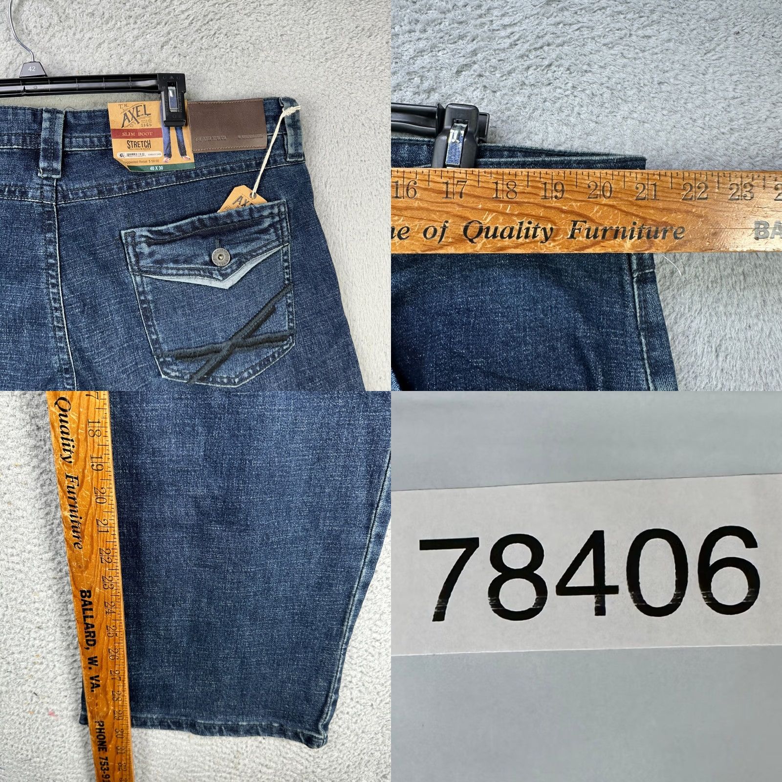 Denime T.K. Axel Jeans Slim Boot Mens 40X30 Blue Dark Washed 5 Pocket Denim NEW Size US 40 / EU 56 - 8 Thumbnail