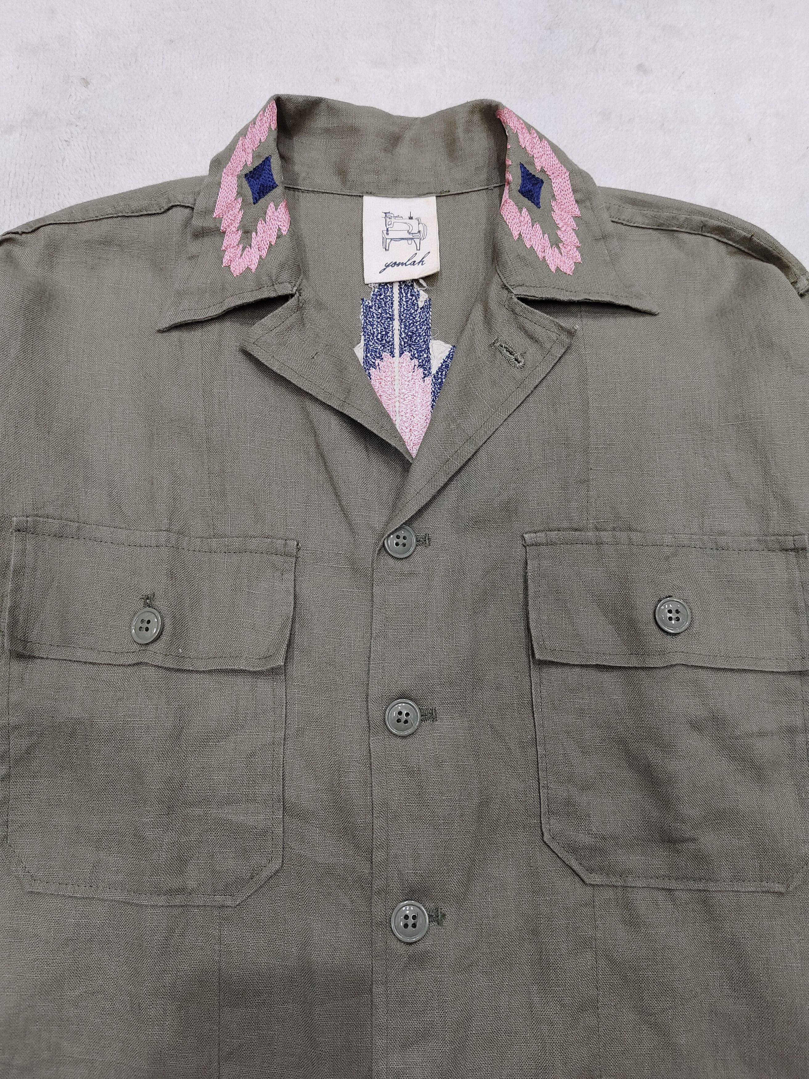 Vintage Youlah Chimayo Embroidered Linen Army Shirt Size US M / EU 48-50 / 2 - 2 Thumbnail