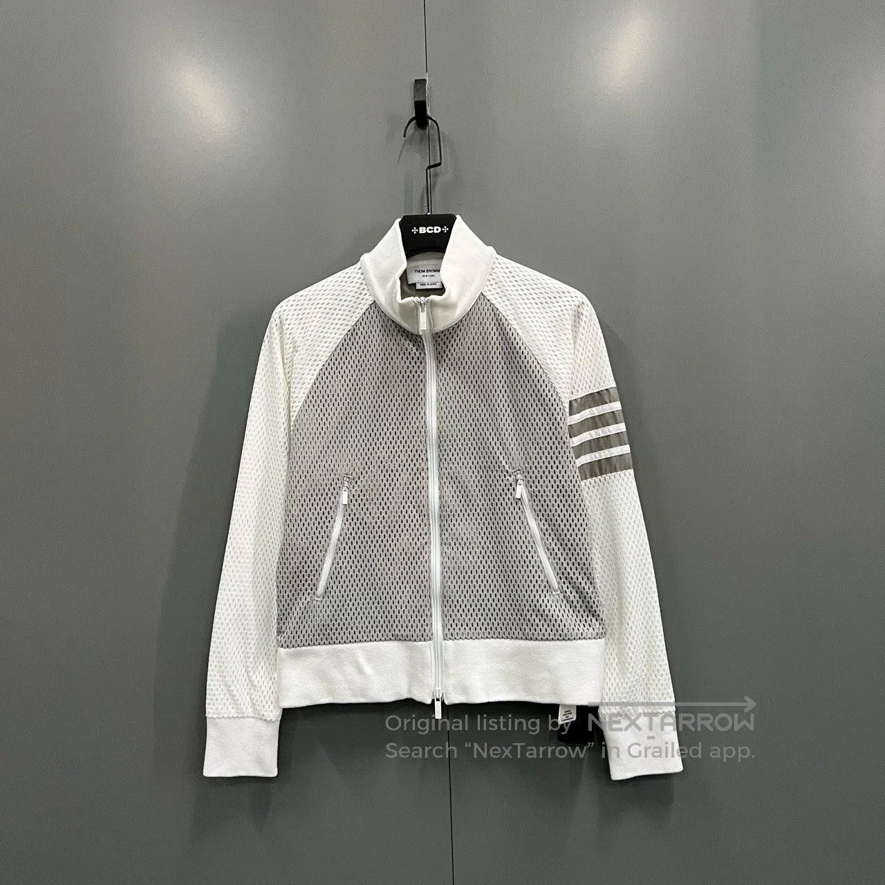 thom browne white gray zip-up jacket.