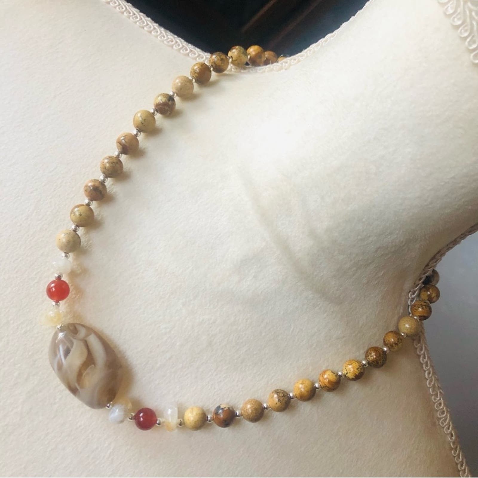 Handcrafted marble genuine jasper carnelian citrine necklac