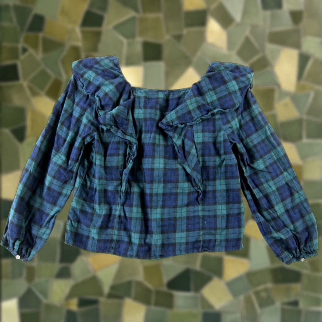 J.Crew J.Crew Green Blue Plaid 100% Cotton Long Sleeve Ruffle Crop Blouse PM Size M / US 6-8 / IT 42-44 - 1 Thumbnail