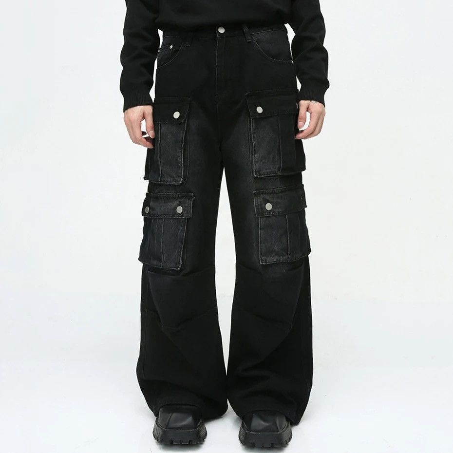 image of Distressed Denim Multi Pocket Cargo Denim Pants in Black, Men's (Size 28)