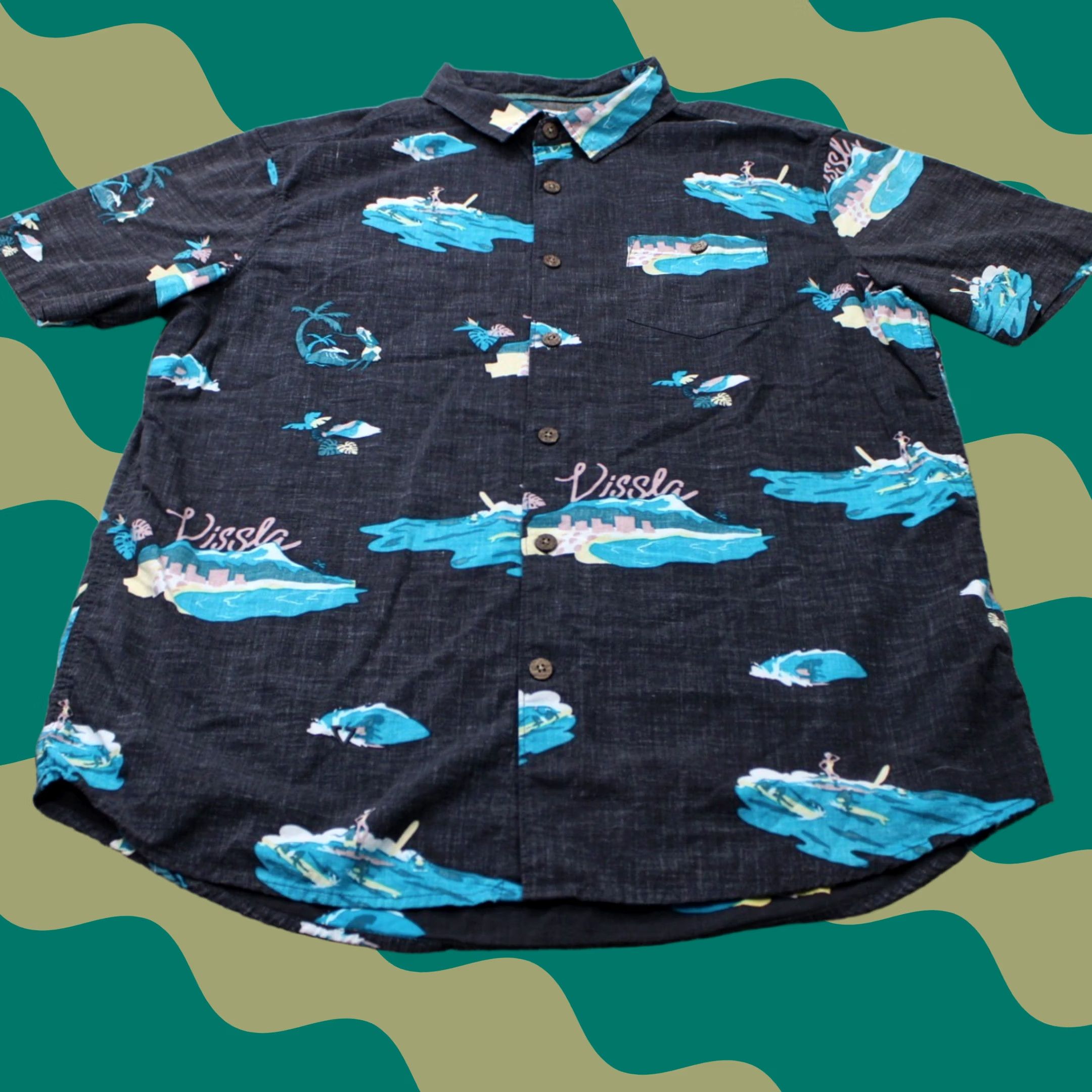 Vissla Vissla Shirt Mens XL Black/Blue Beach Print Cotton/Viscose S/S Button Shirt Size US XL / EU 56 / 4 - 1 Thumbnail