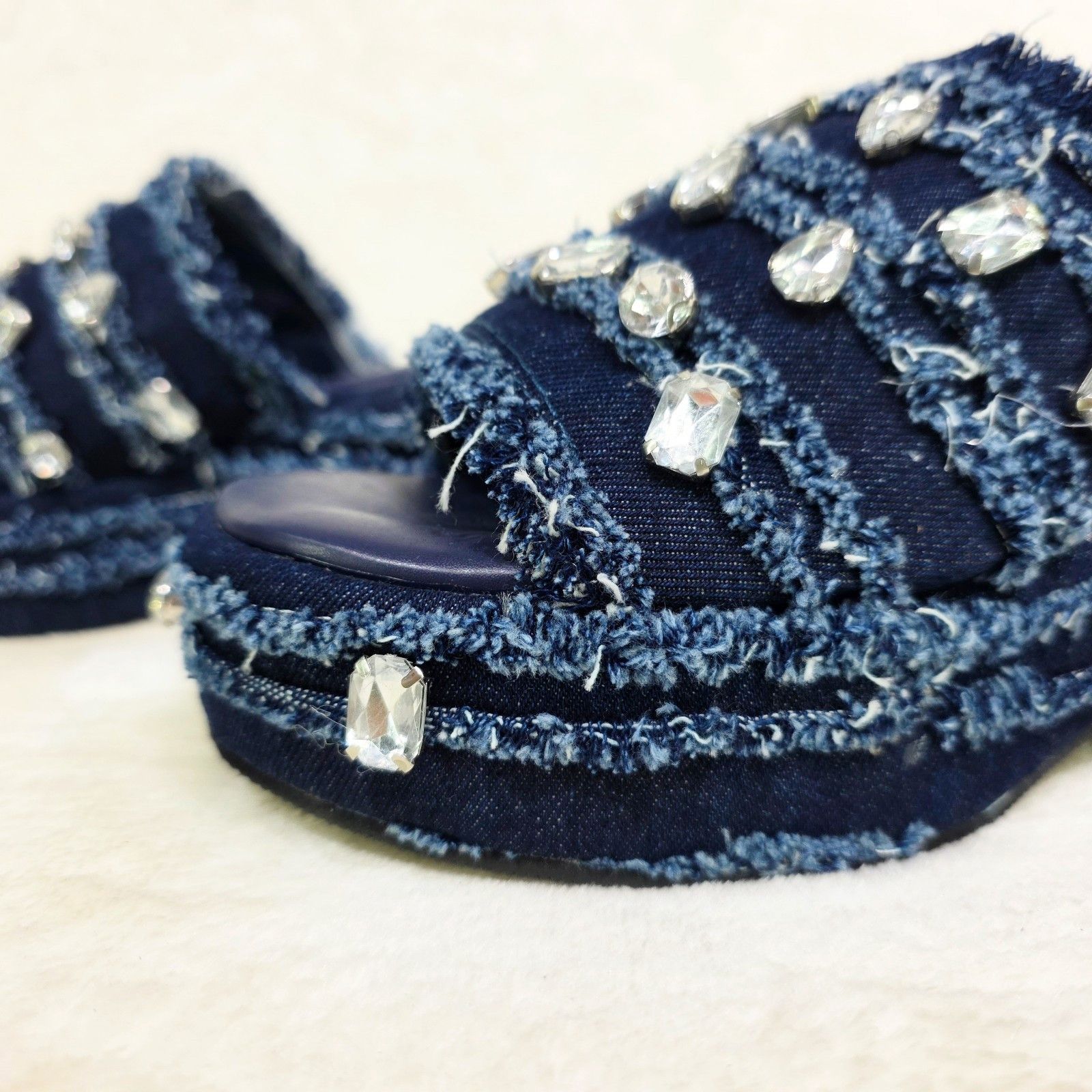 Other Hipster Denim Distressed Frayed Trim Rhinestone 2" Flatform Size US 9 / IT 39 - 7 Thumbnail