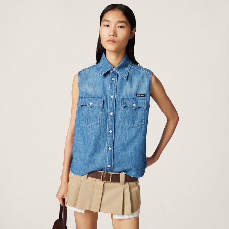 Miu Miu o1B3y1r0526 Sleeveless Chambray Shirt in Blue Size S / US 4 / IT 40 - 4 Thumbnail