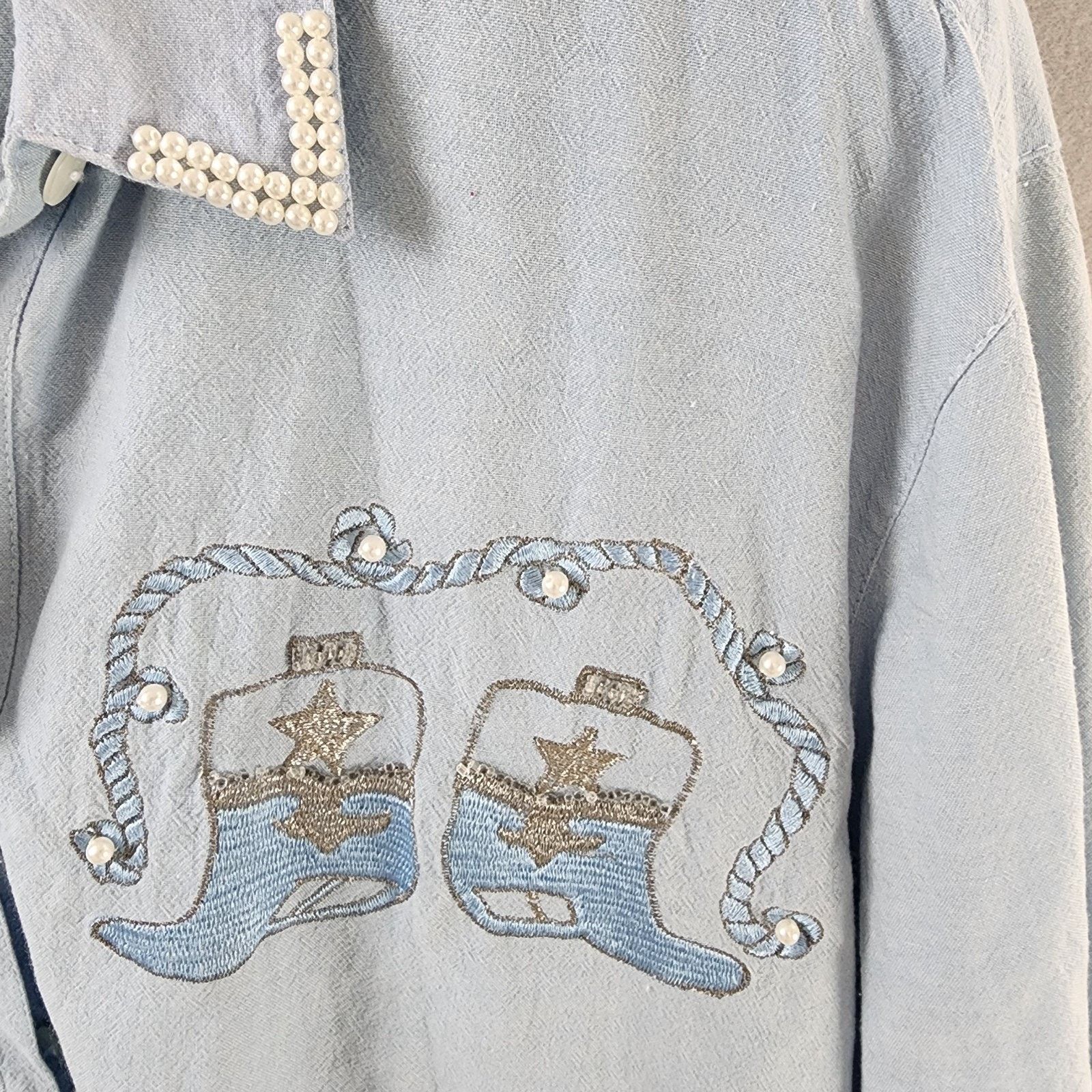 Other Jane Ashley Texas Western Shirt Lt Blue Embroidered Boots Size S / US 4 / IT 40 - 6 Thumbnail