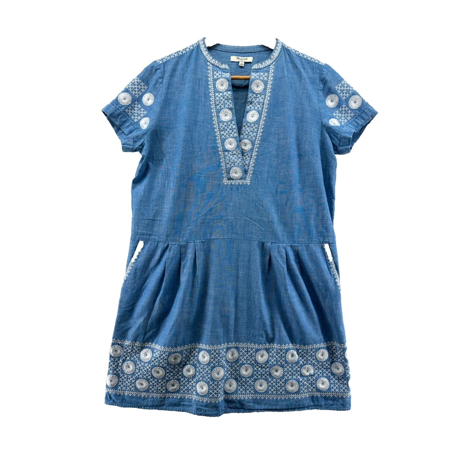 Madewell Madewell Mini Dress Blue Women's M Chambray Sunstitch Embroidered Boho Floral Pockets Summer Short Sleeve V-Neck Snap Size M / US 6-8 / IT 42-44 - 2 Thumbnail
