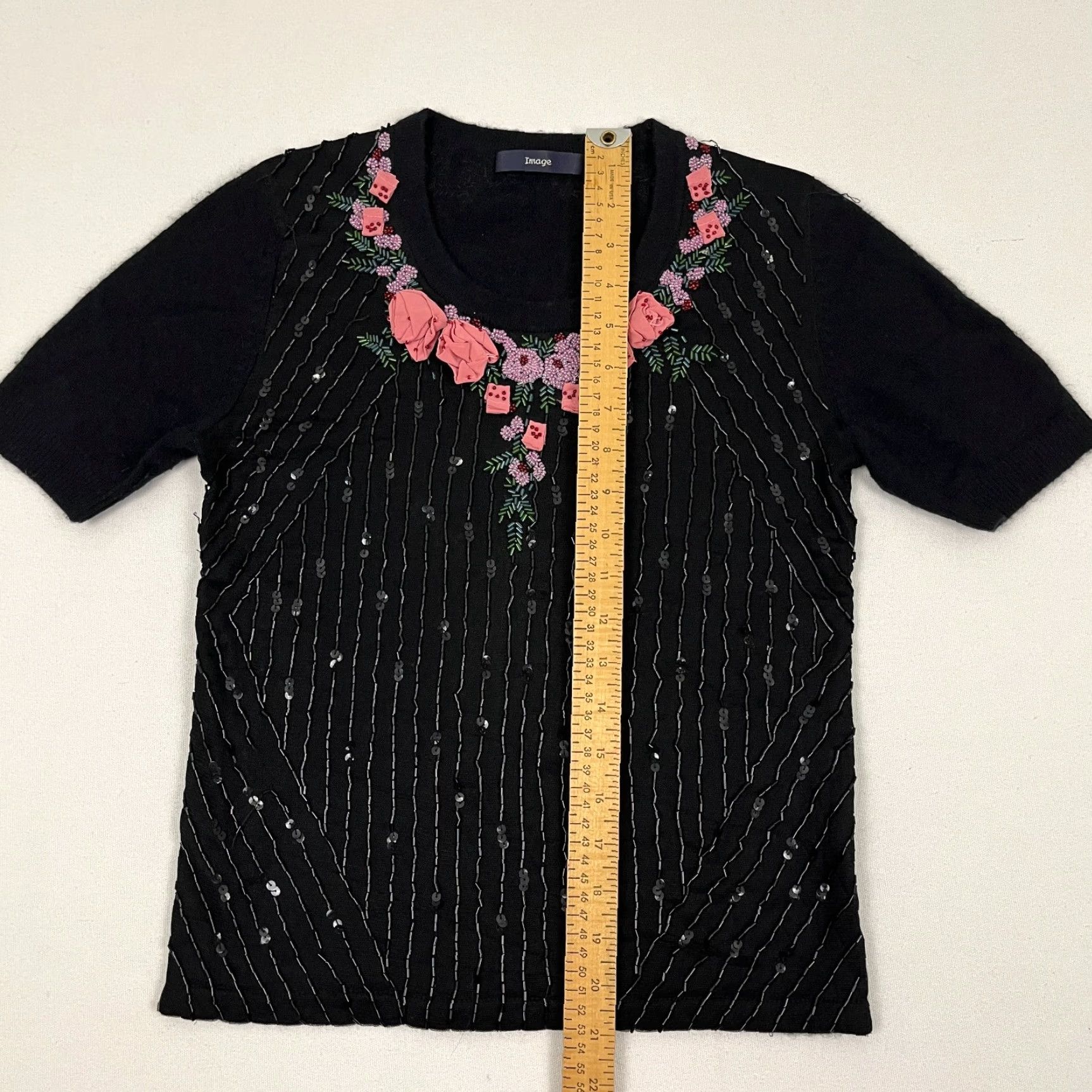 Vintage Womens Blouse Black Wool & Angora 3D Floral Beaded Sequin Layers Boho Prep S Small Casual Shirt Womens Size S / US 4 / IT 40 - 5 Thumbnail
