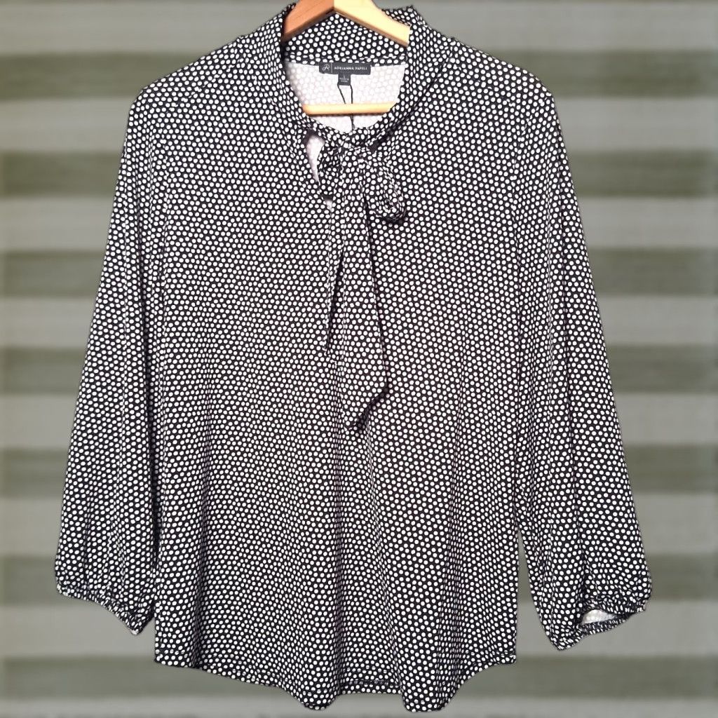 Adrianna Papell Adrianna Papell Blouse Large Black White Polka Dot Tie Neck Stretch NEW Size L / US 10 / IT 46 - 1 Thumbnail