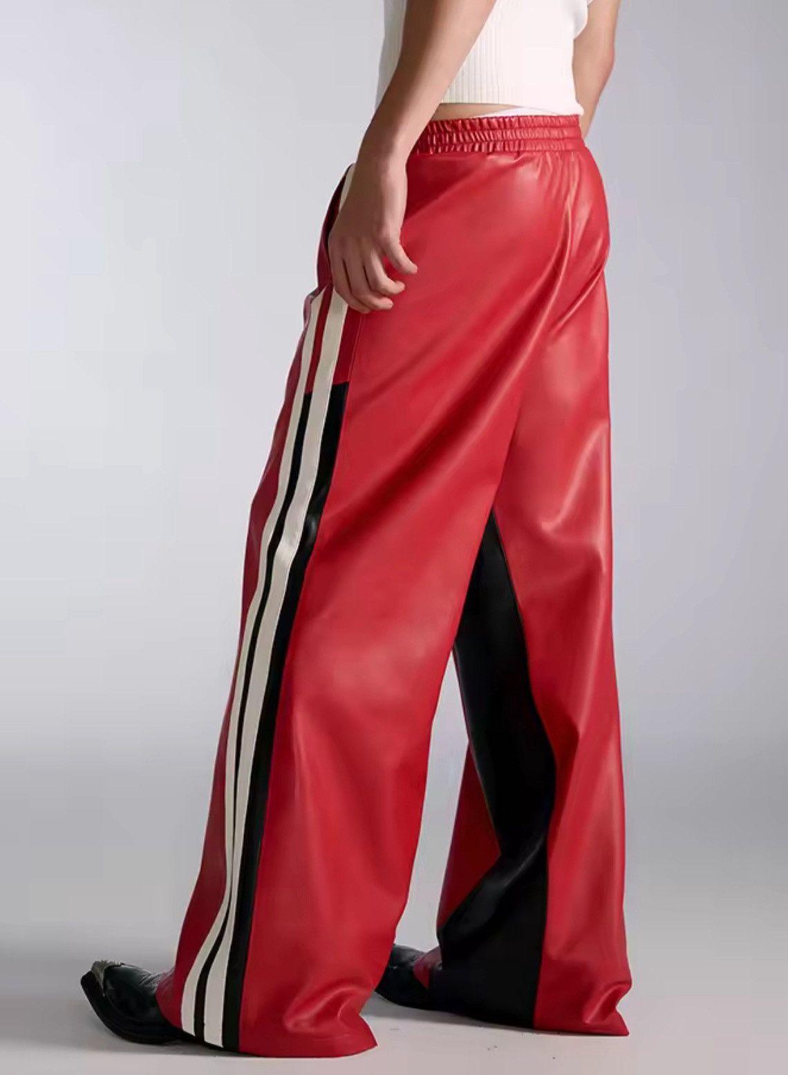 Japanese Brand Red PU Leather Wide-Leg Pants with Stripes Size US 33 - 8 Thumbnail