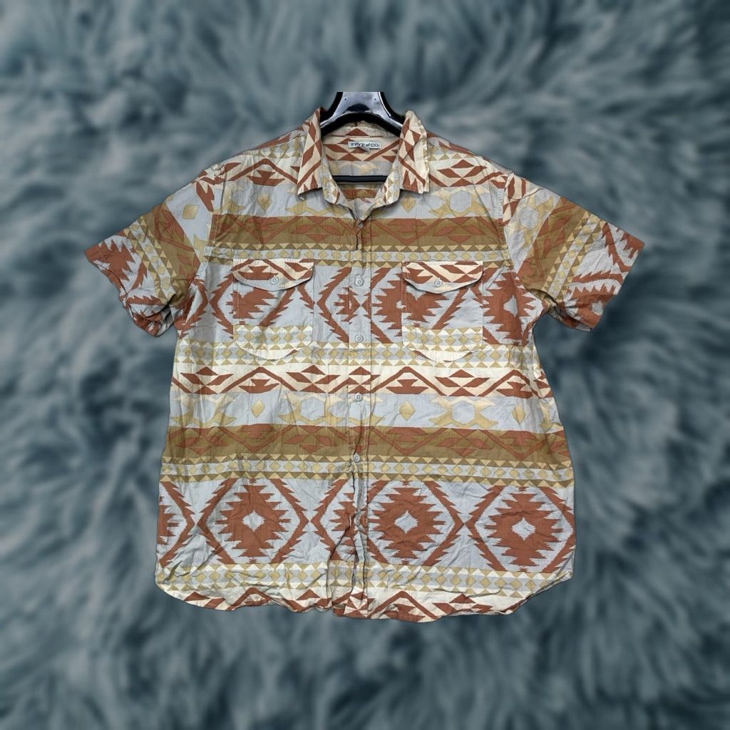 Frye Frye Button-Up Shirt Men 2XL Orange Cream Tan South West Print Short Sleeve Geometric Button-Front Western Casual Travel Size US 39 - 1 Thumbnail