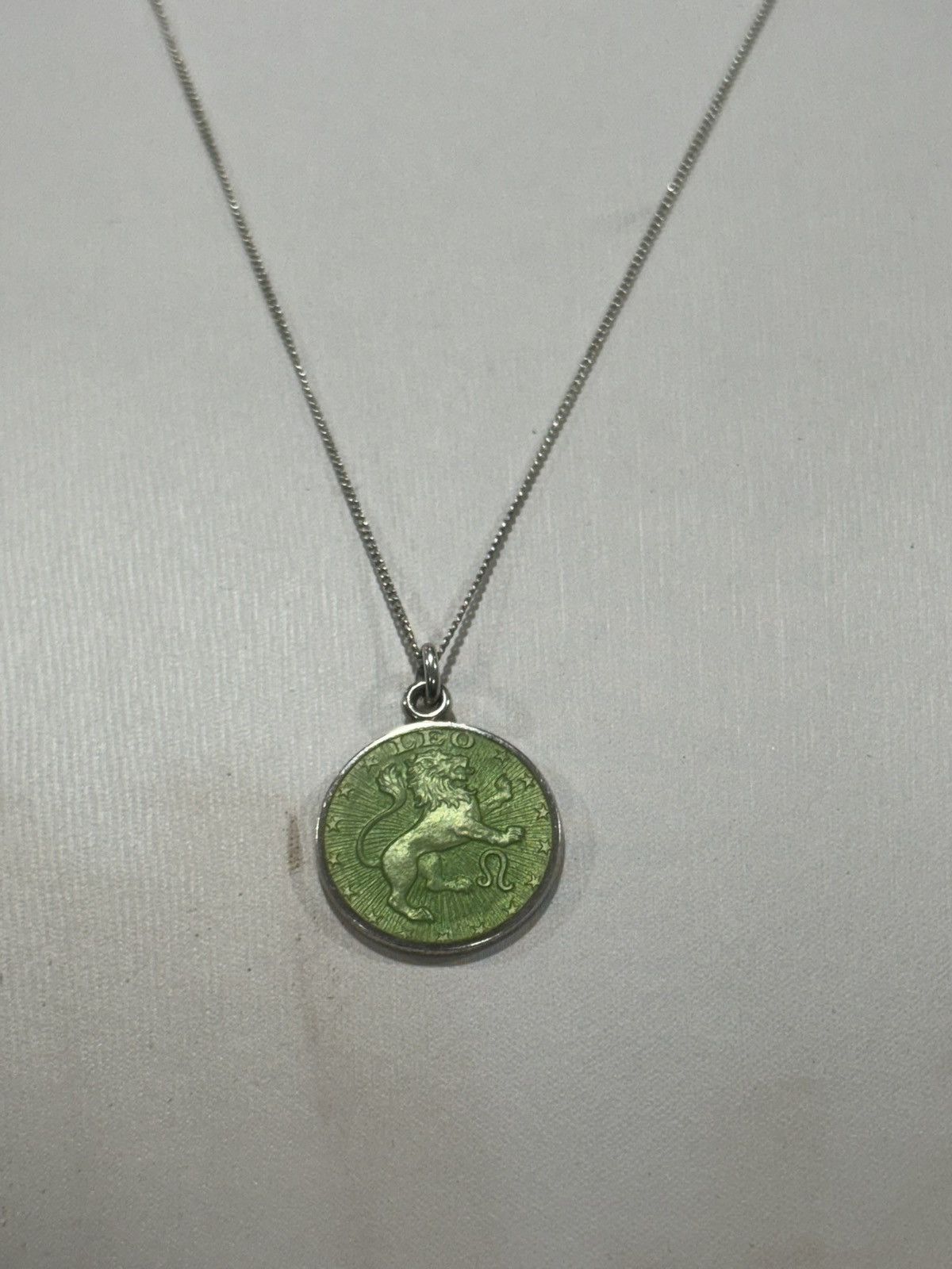 Sterling Silver Silver Leo Zodiac Necklace | Green Enamel Lion Medallion Size ONE SIZE - 3 Thumbnail