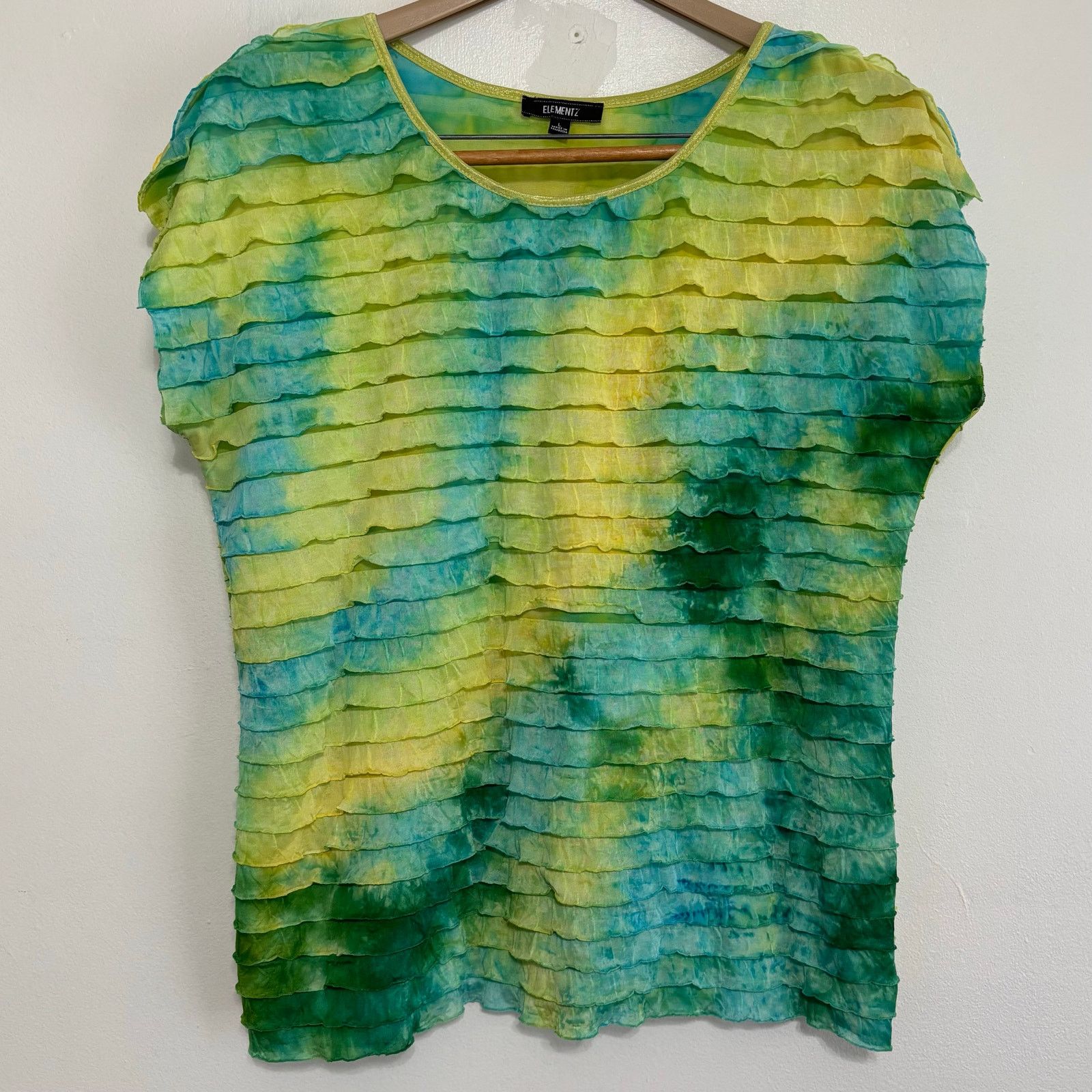 Other Elementz Tie Dye Ruffle Layer Shirt Blue Yellow Green Size L / US 10 / IT 46 - 1 Thumbnail