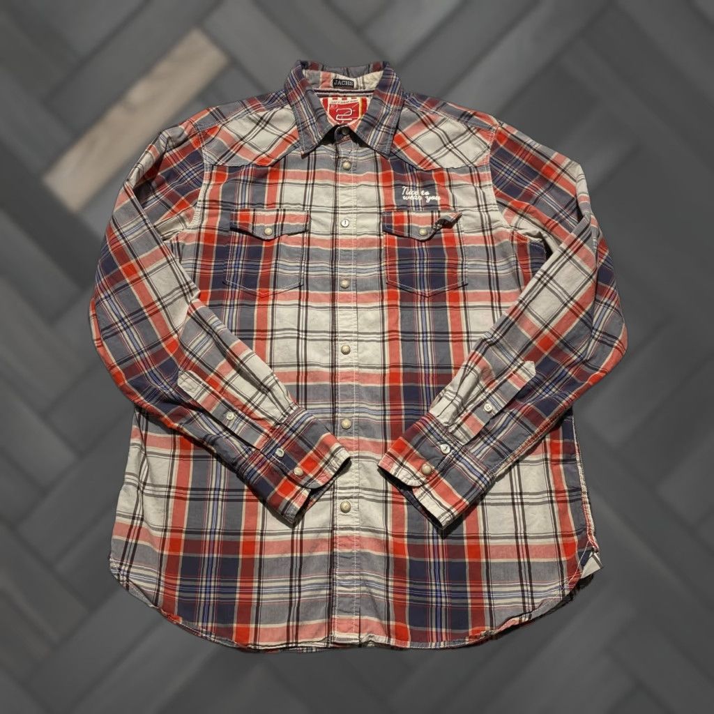 Vintage JACHS NY Mens Large Plaid Western Pearl Snap Button Down Shirt Red Blue Cotton Size US L / EU 52-54 / 3 - 1 Thumbnail