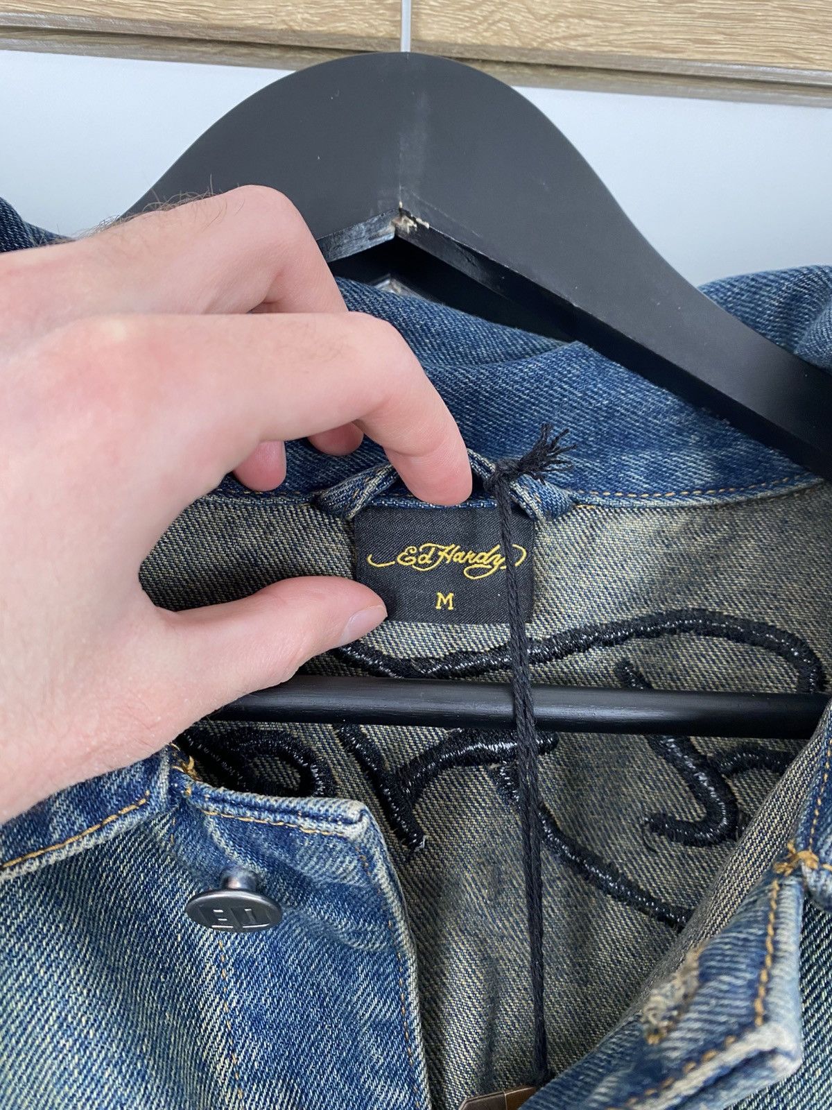 Oversized washed blue denim jacket big logo by Ed Hardy