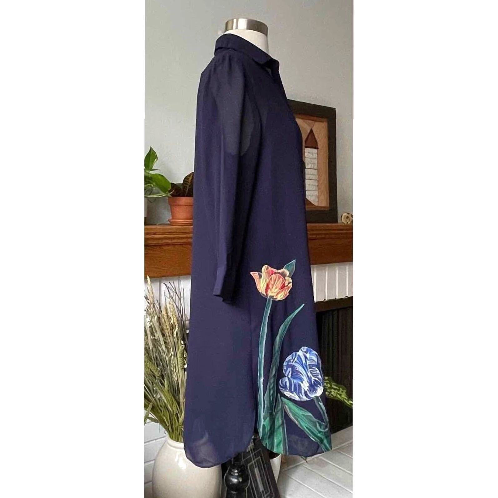 Anthropologie Anthropologie Pankaj & Nidhi Navy Blue Floral Embroidered Shift Dress Midi Sz SP Women Size S / US 4 / IT 40 - 4 Thumbnail