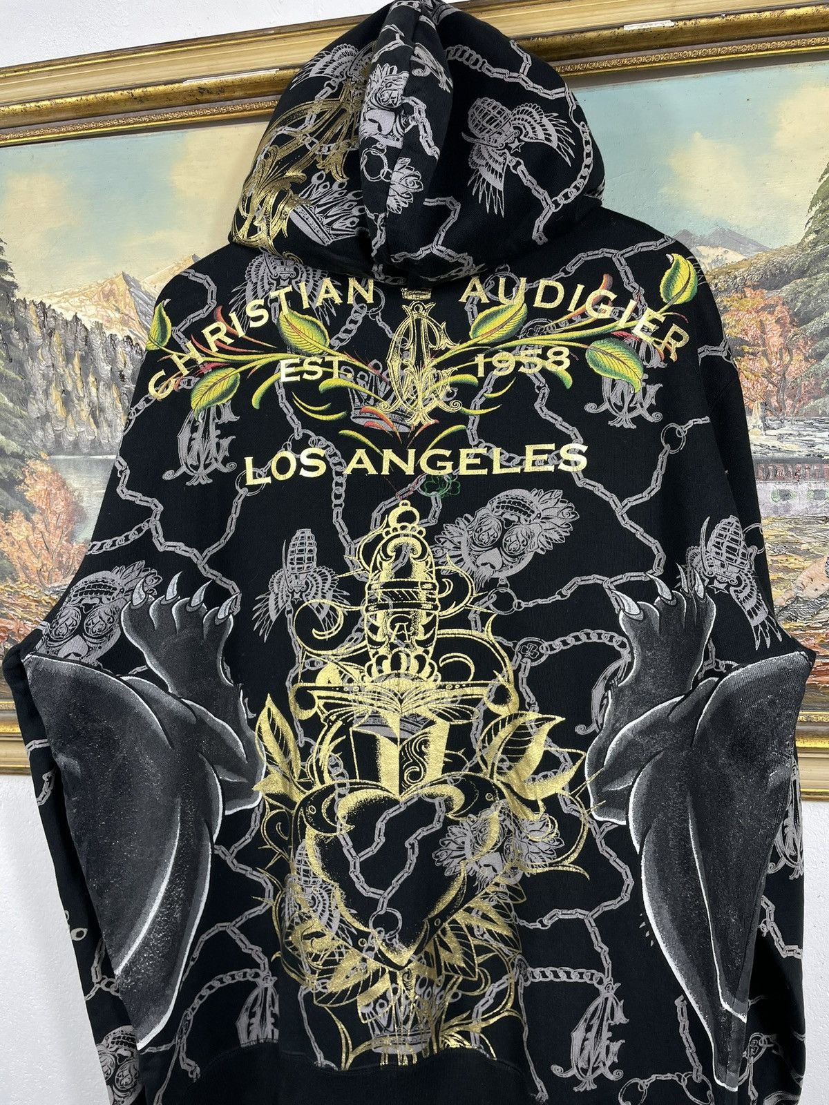 Christian Audigier × Ed Hardy × Vintage Ed Hardy Retro 00s Hoodie With Crystals Affliction Grunge Size XXL / US 16-18 / IT 52-54 - 9 Thumbnail