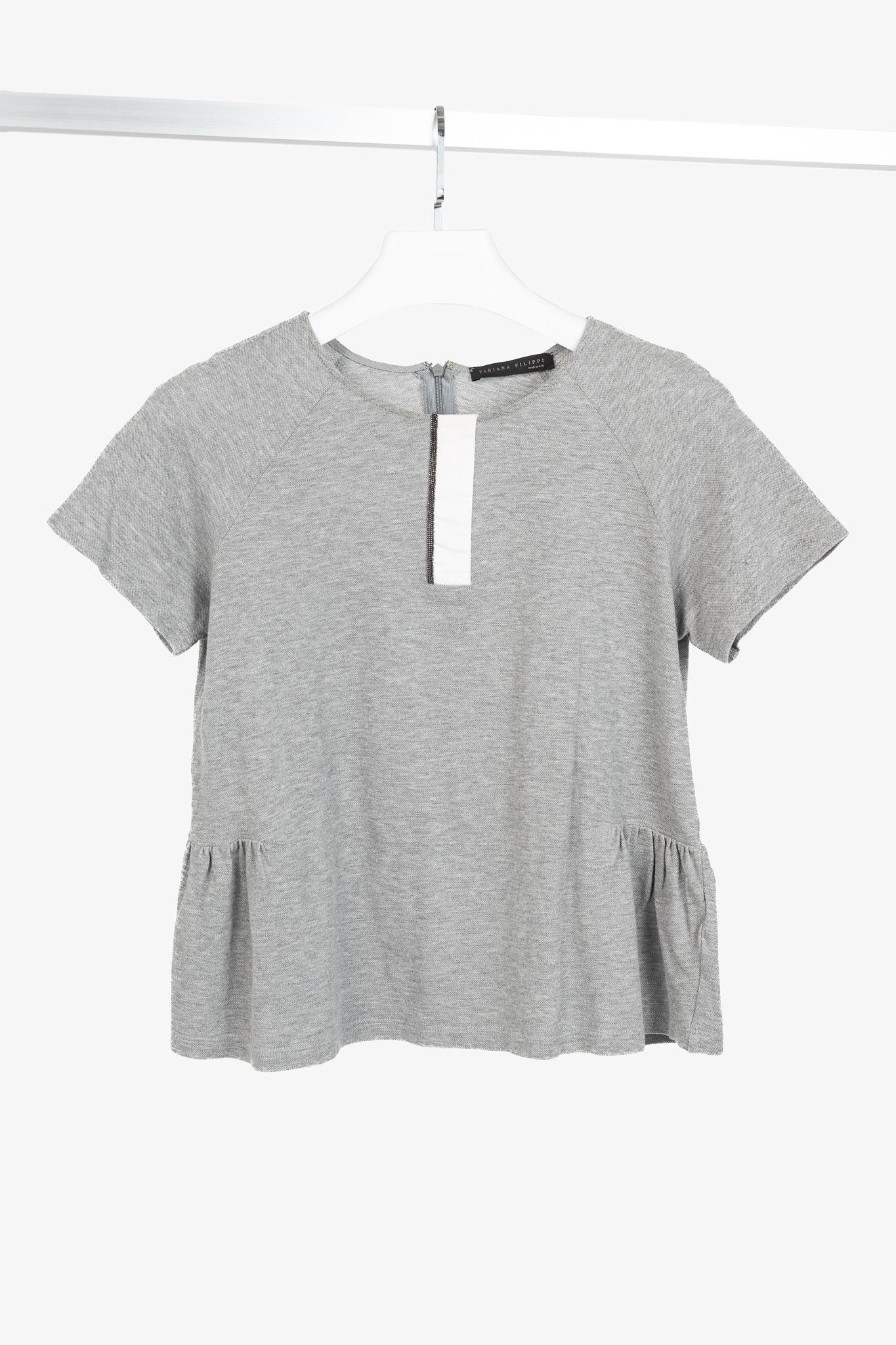 Fabiana Filippi Fabiana Filippi Grey Cotton-Pique Monili Peplum T-Shirt Size S / US 4 / IT 40 - 1 Thumbnail