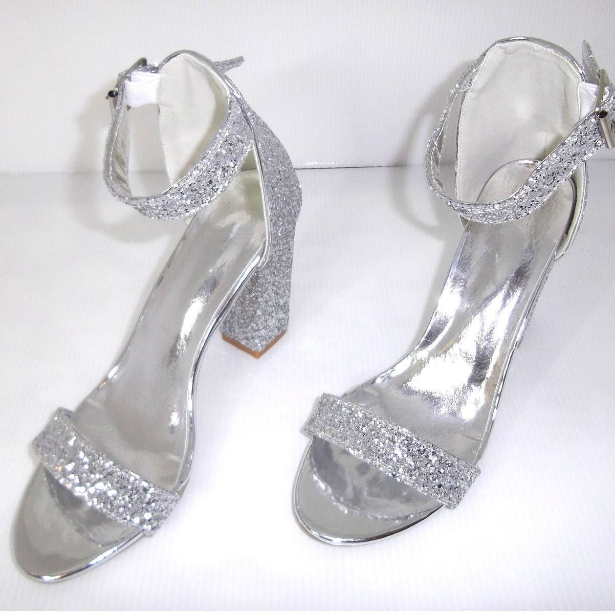 Other Sliver Glitter Open Toe Ankle Strap 4" Chunky Block Heel Size US 8.5 / IT 38.5 - 5 Thumbnail
