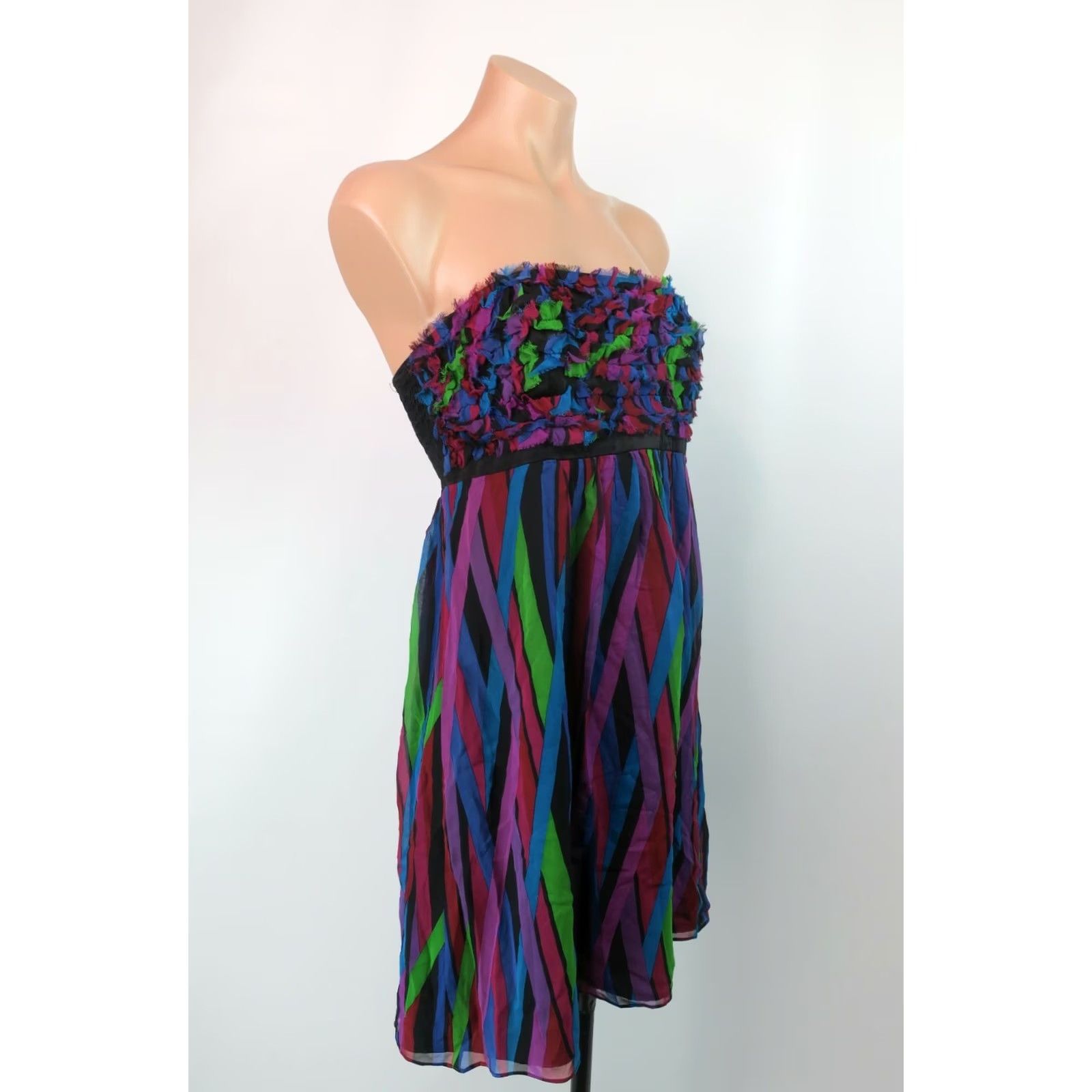 Betsey Johnson VINTAGE Betsey Johnson Rainbow Striped Silk Dress Sleeveless Strapless A-Line Prom Short 90s 8 Womens Girls Size M / US 6-8 / IT 42-44 - 3 Thumbnail