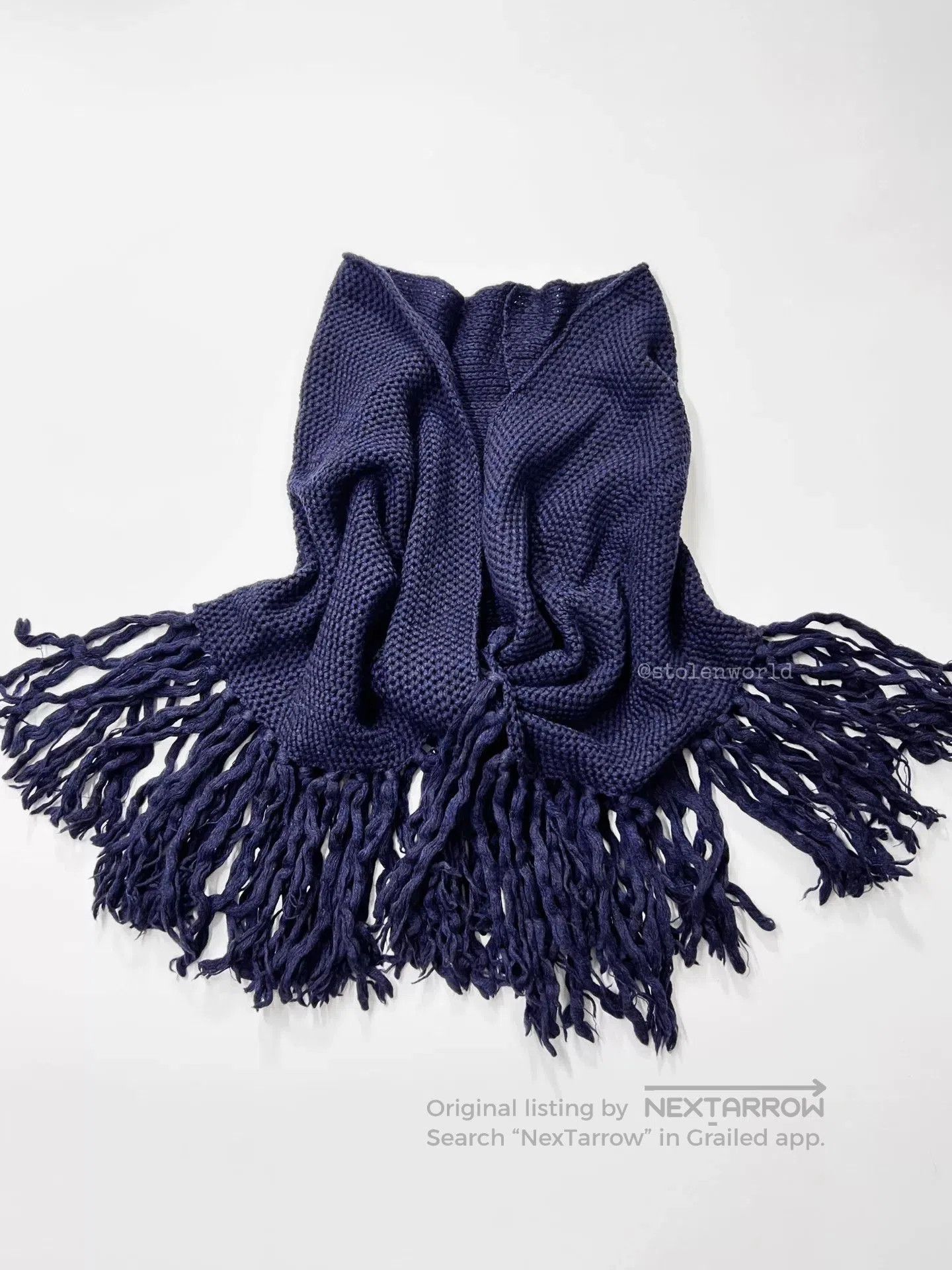 Y's soft wool fringed shawl in navy blue. Size ONE SIZE - 7 Thumbnail