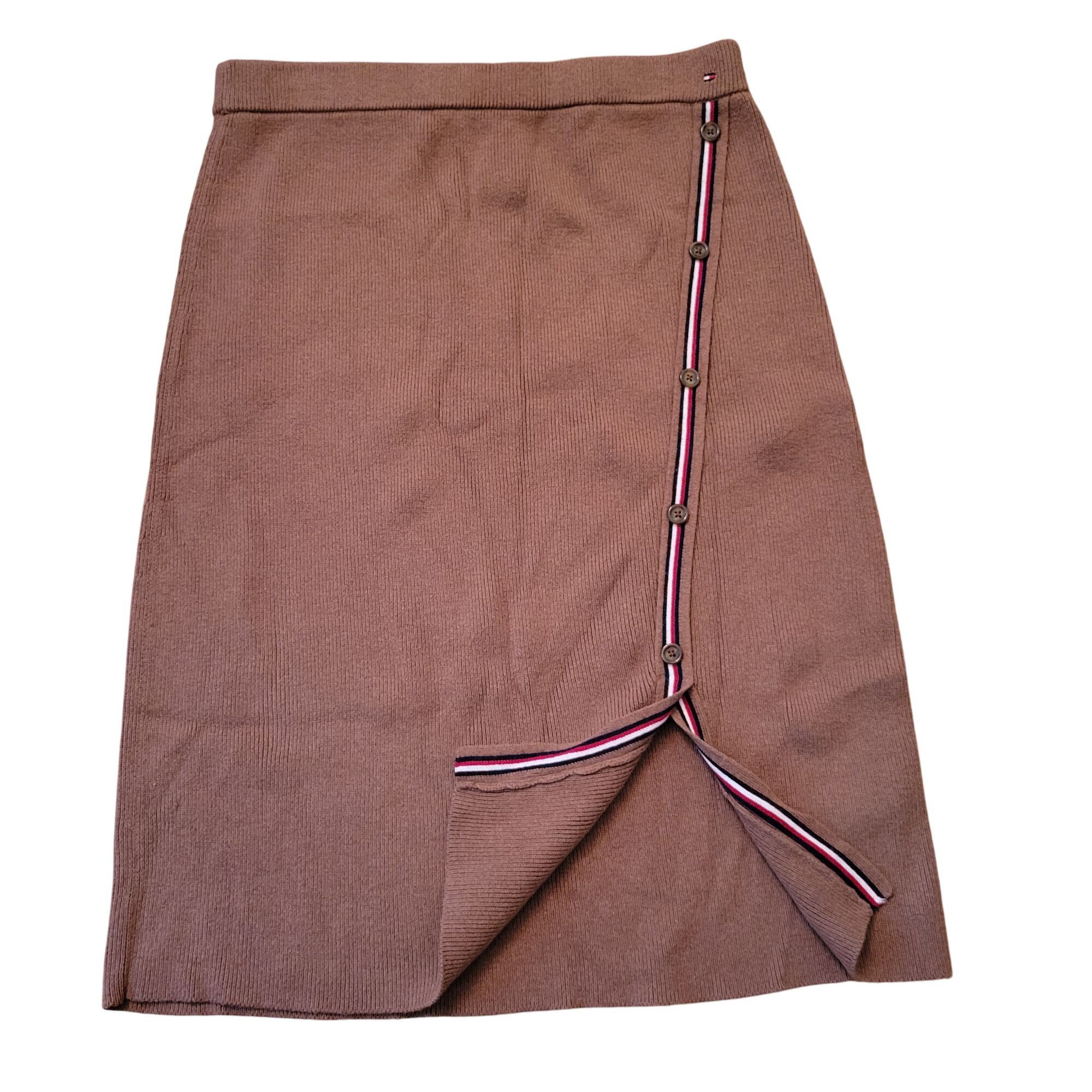 Tommy Hilfiger Tommy Hilfiger Brown Knit Skirt Buttons Striped Trim L Front Size 31" - 5 Thumbnail