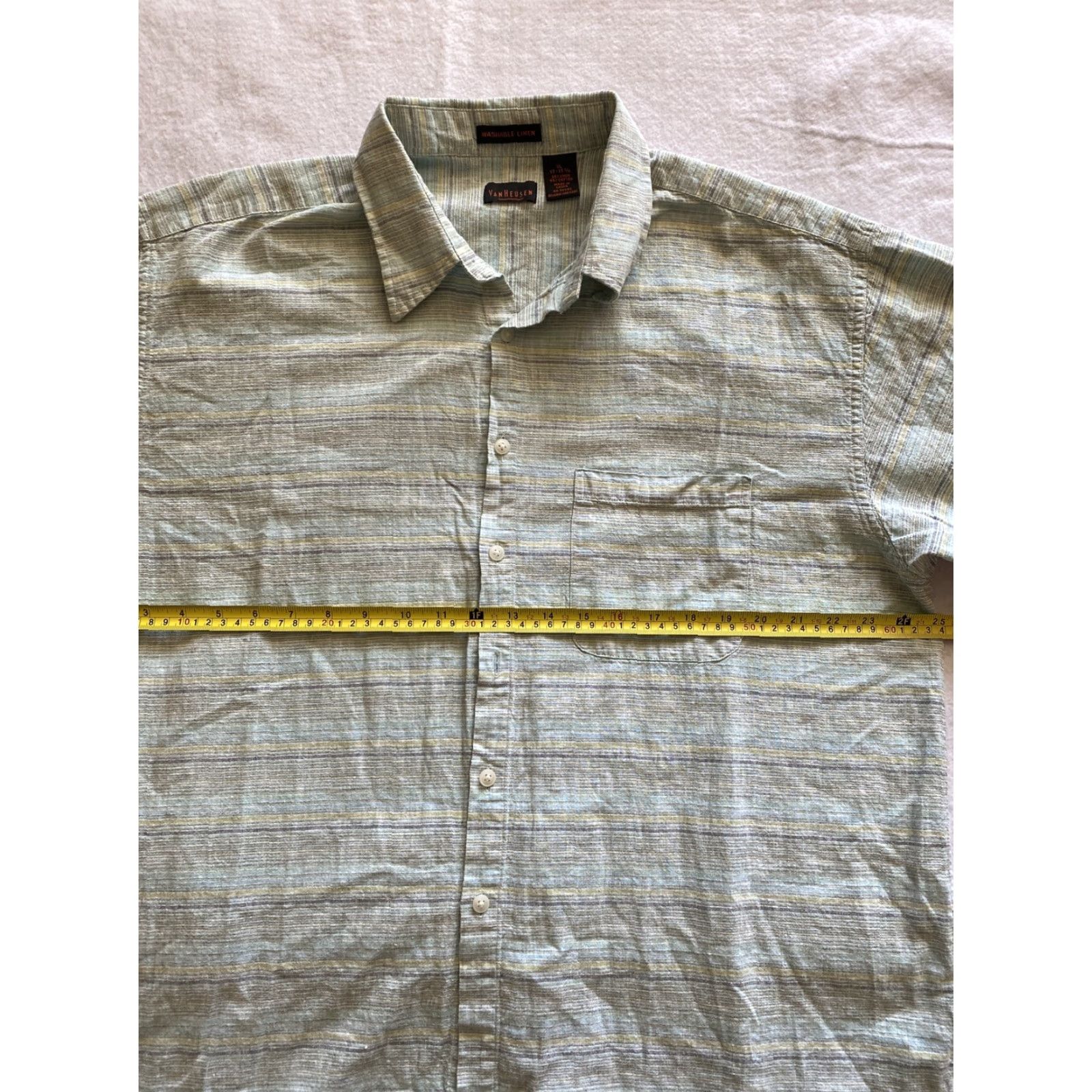 Van Heusen Van Heusen Men's XL Short Sleeve Button-Up Shirt - Sage Green Striped Like / 15-19 / Regular Fit / Button-Down Collar - Cotton-Polyester Size US XL / EU 56 / 4 - 5 Thumbnail