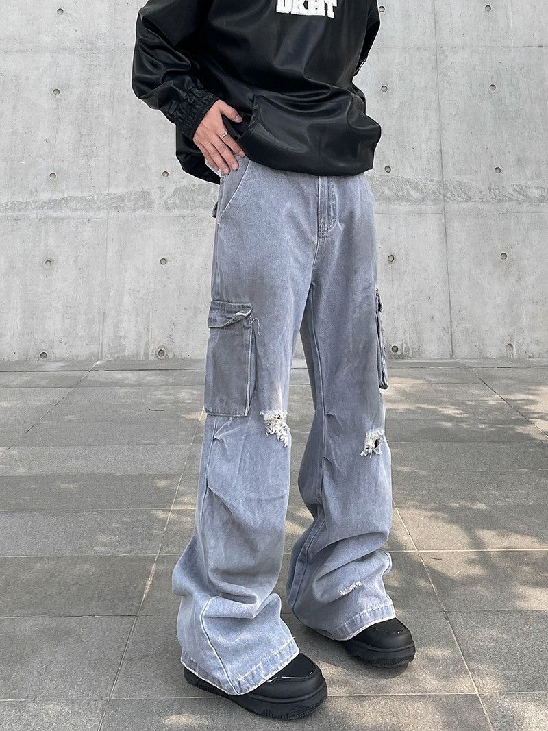 Japanese Brand Opium Cargo Gray Distressed Jeans, Utility Jeans | Grailed