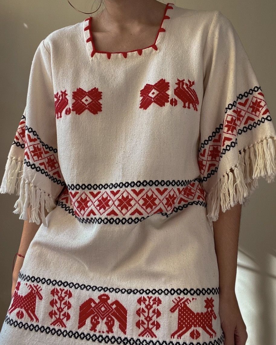 Vintage Mexican Boho Embroidered Fringe Dress