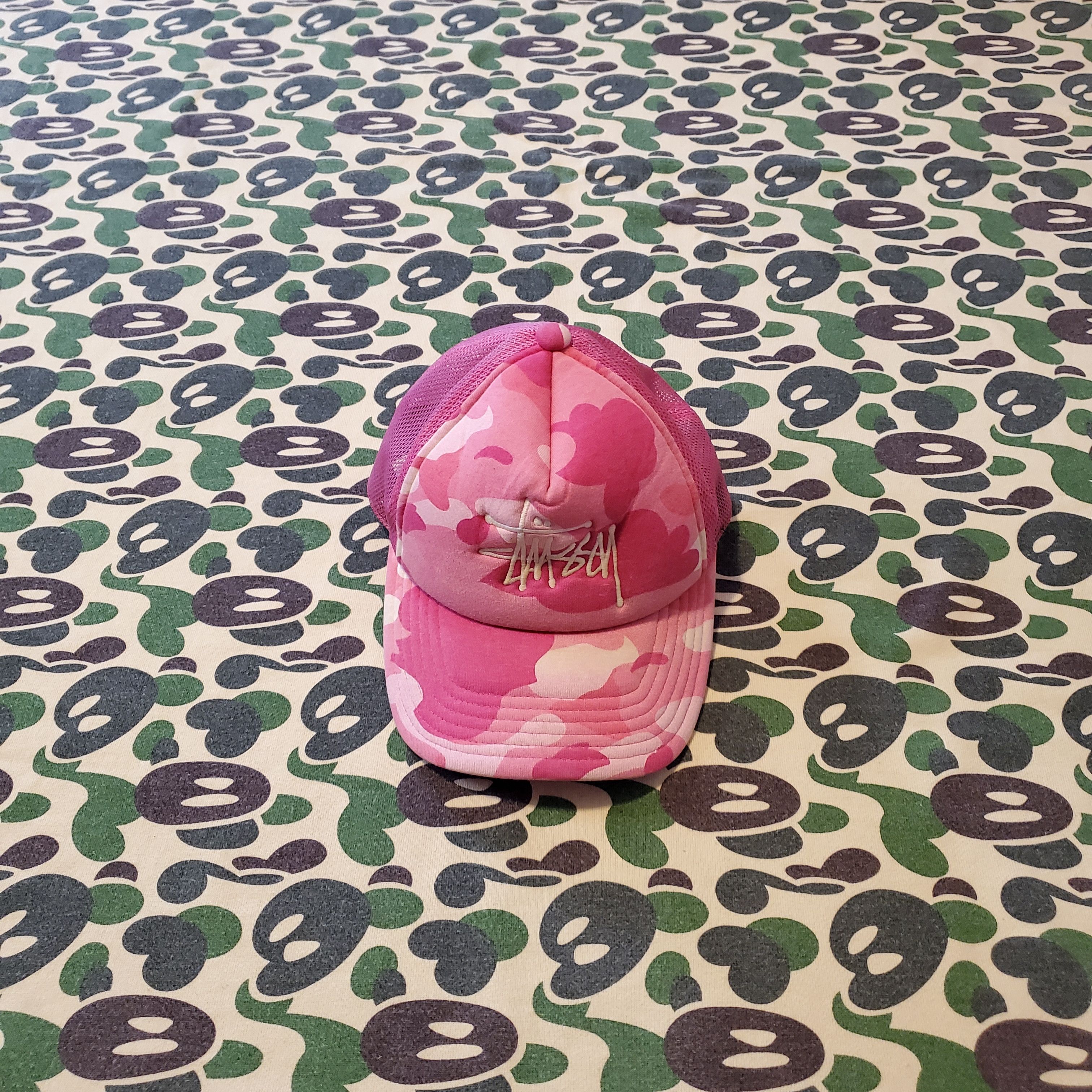 image of Bape x Stussy Abc Pink Trucker Hat, Men's