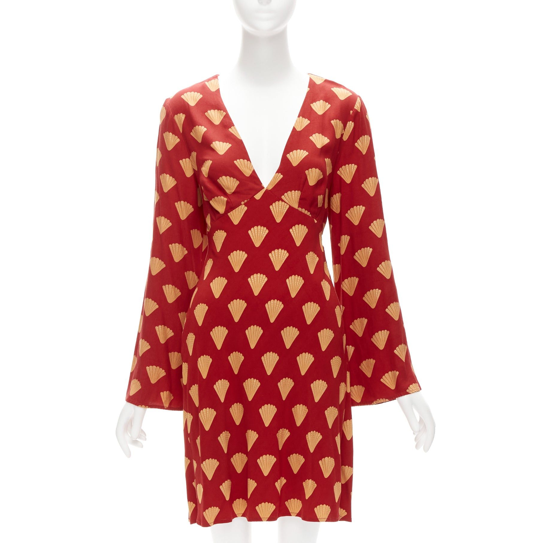 RIXO RIXO red gold oriental fan print V neck flare sleeves short dress S Size S / US 4 / IT 40 - 1 Thumbnail