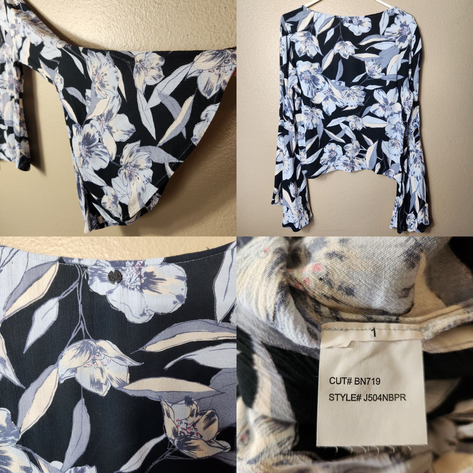 Billabong Billabong Pretty Daylight LS Cropped Flare Sleeve Floral Buttonfront Top-Size L Size L / US 10 / IT 46 - 8 Thumbnail