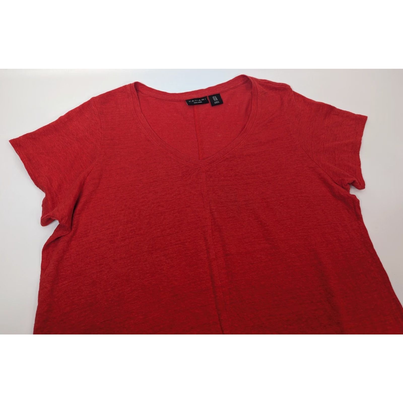 Vintage Tahari Women's Knit Linen Shirt 1X Red V-Neck Short Sleeve Plus Size Tee Shirt Womens Size XL / US 12-14 / IT 48-50 - 5 Thumbnail