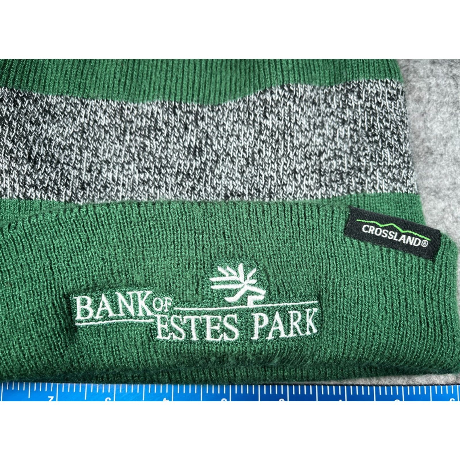 Vintage Bank Of Estes Park Beanie Toque Adult Green Gray Stripe Knit 100% Acrylic Pom Beanie Adult Green Stripe Knit 100% Acrylic Pom Crossland Hat Mens Size US M / EU 48-50 / 2 - 2 Thumbnail