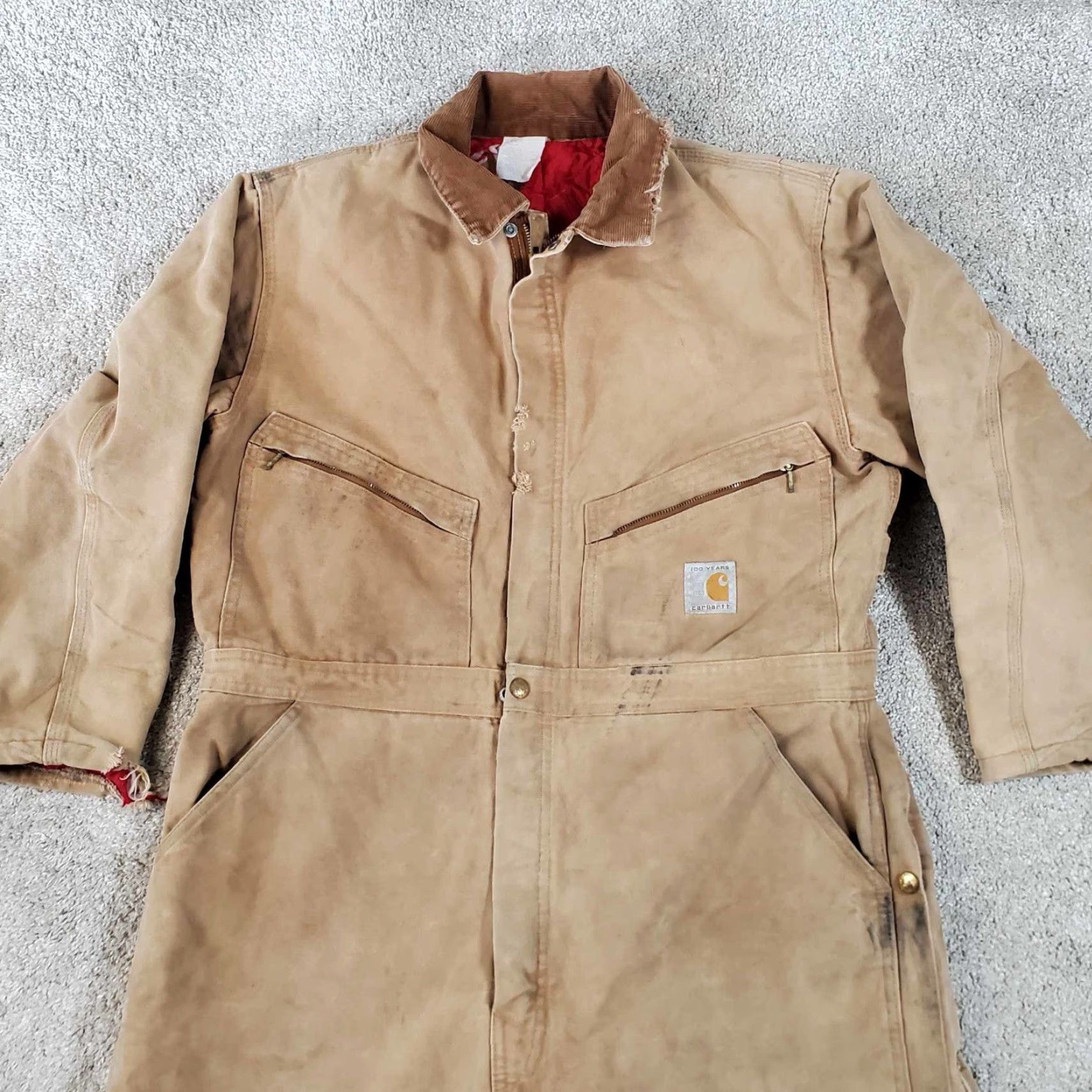 Carhartt Vtg 1989 Carhartt Canvas Duck Coveralls 42R Insulated Lined Distressed Workwear 80s Hunting Mens Brown Long Zip Pockets Logo Zipper Size US 42 / EU 58 - 3 Thumbnail