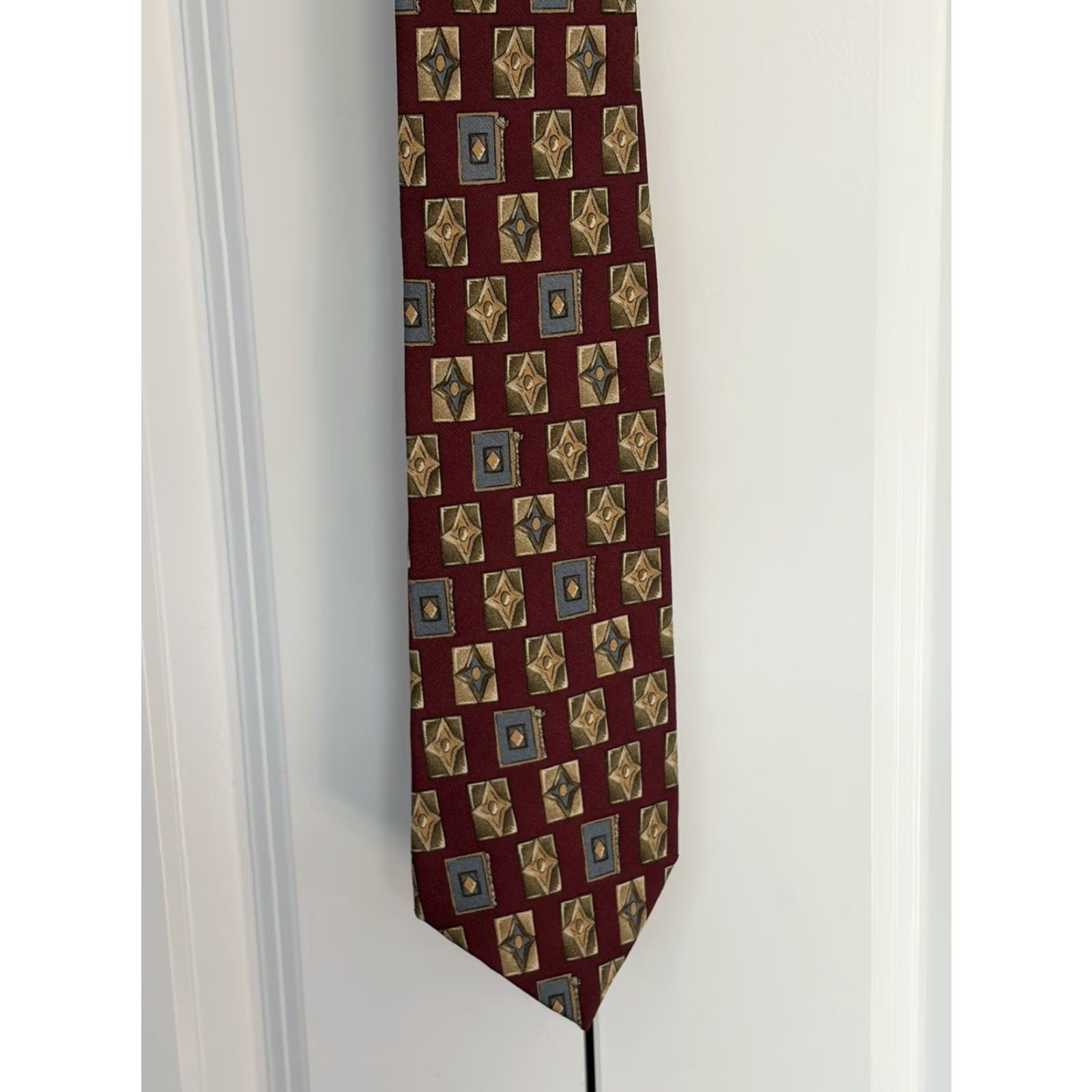 Ralph Lauren VINTAGE CHAPS Ralph Lauren Tie Mens Red Abstract Geometric Classic 57-60" Silk Woven Designer Retro Wedding College Holiday Preppy School Mens Size ONE SIZE - 2 Thumbnail