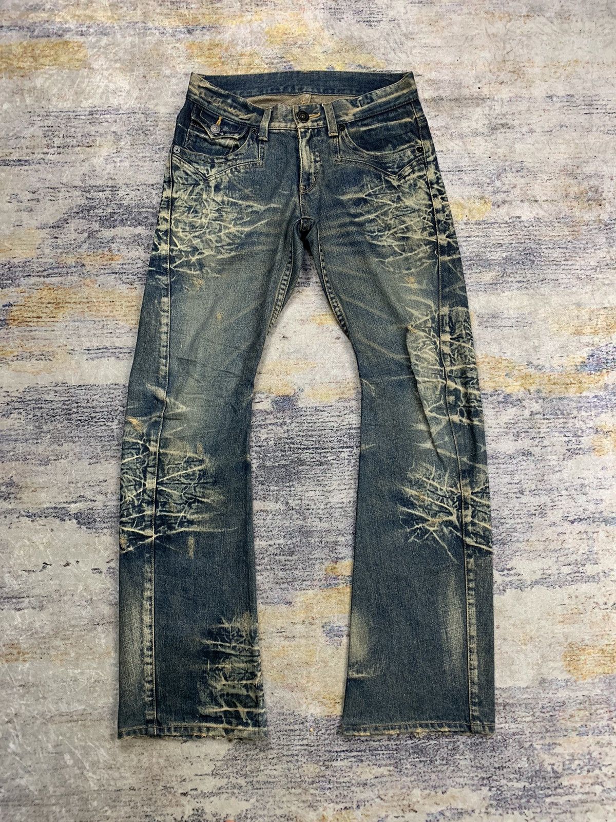 Japanese Brand Rattle trap mud wash flared distressed denim pants Size US 31 - 3 Thumbnail