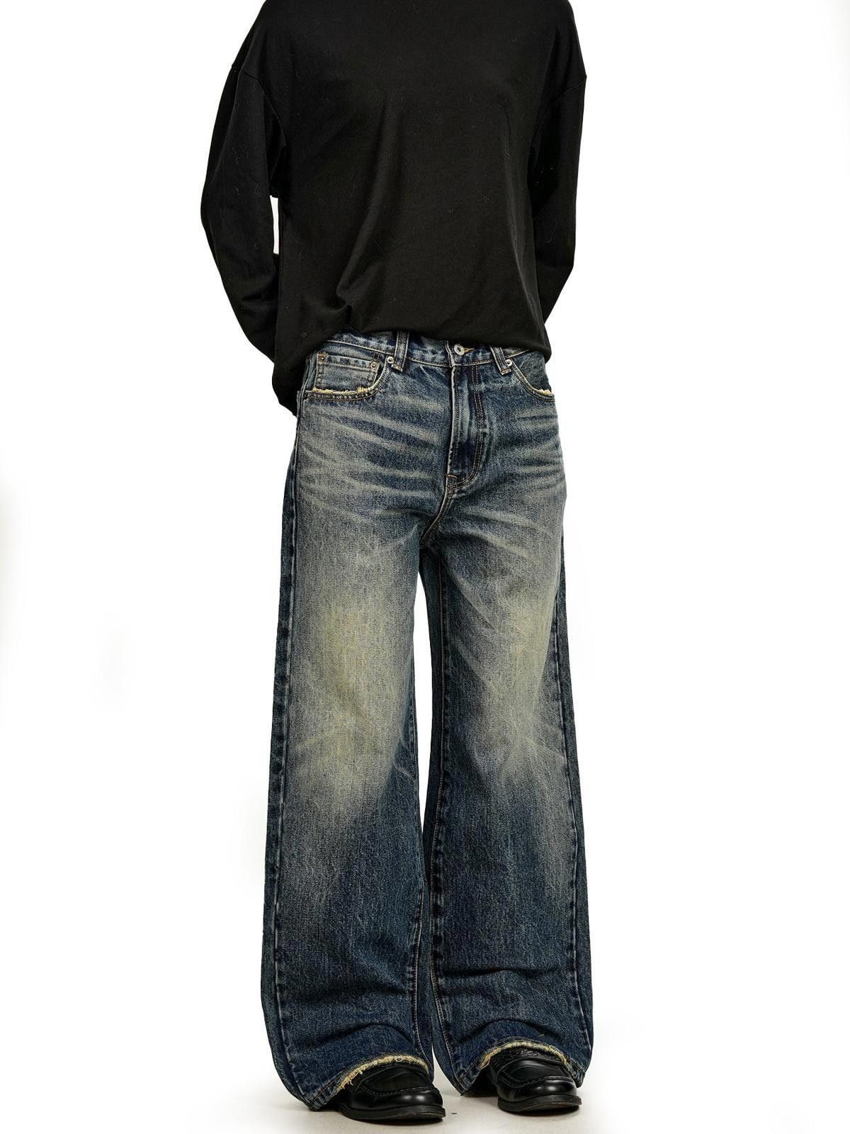 Jean Deep Blue Straight Wide-Leg Whisker-Wash Denim Jeans Size US 30 / EU 46 - 2 Thumbnail