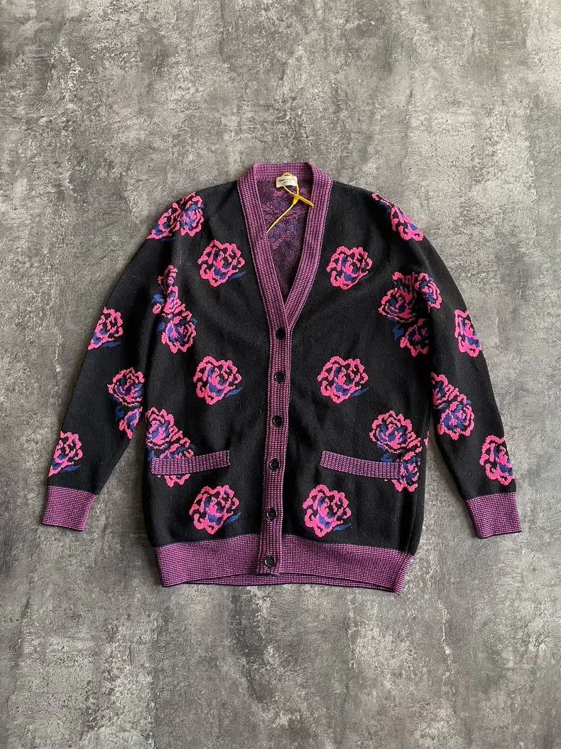 Saint Laurent Paris Saint Laurent Paris Black and Purple Poppy Knit Cardigan Size US XS / EU 42 / 0 - 1 Thumbnail