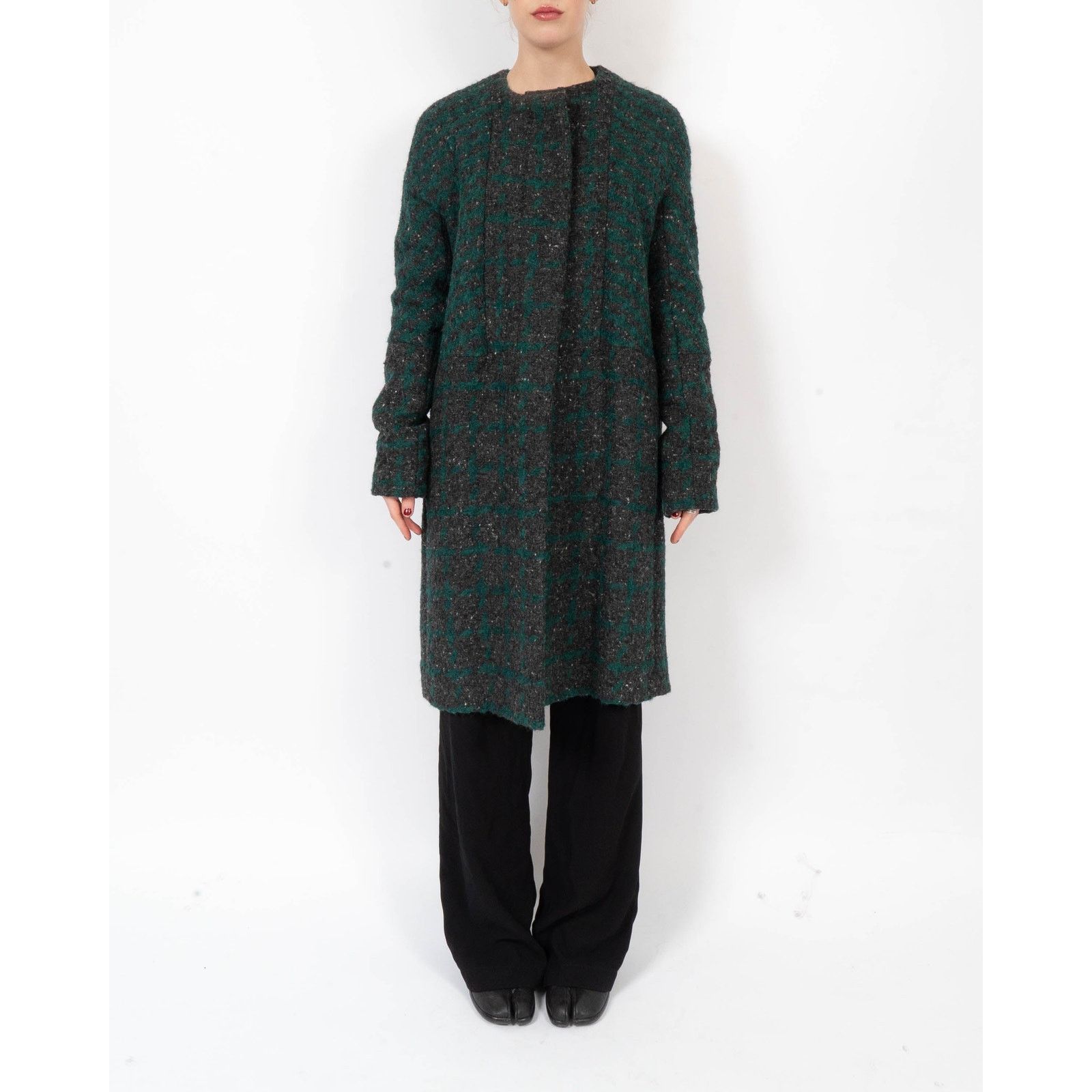 Haider Ackermann FW14 Collarless Overcoat in Grey & Green Boucle Wool Size S / US 4 / IT 40 - 2 Thumbnail