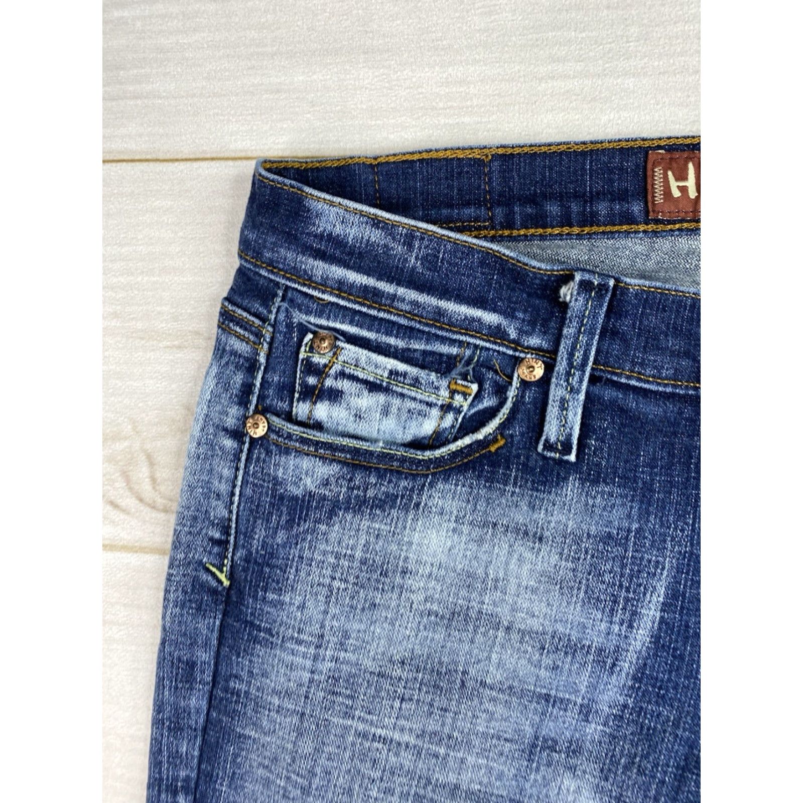 Vintage Vtg Hint Jeans Womens 9 Blue Flare Bootcut Low Rise Distressed Pockets Y2K Size 30" / US 8 / IT 44 - 2 Thumbnail