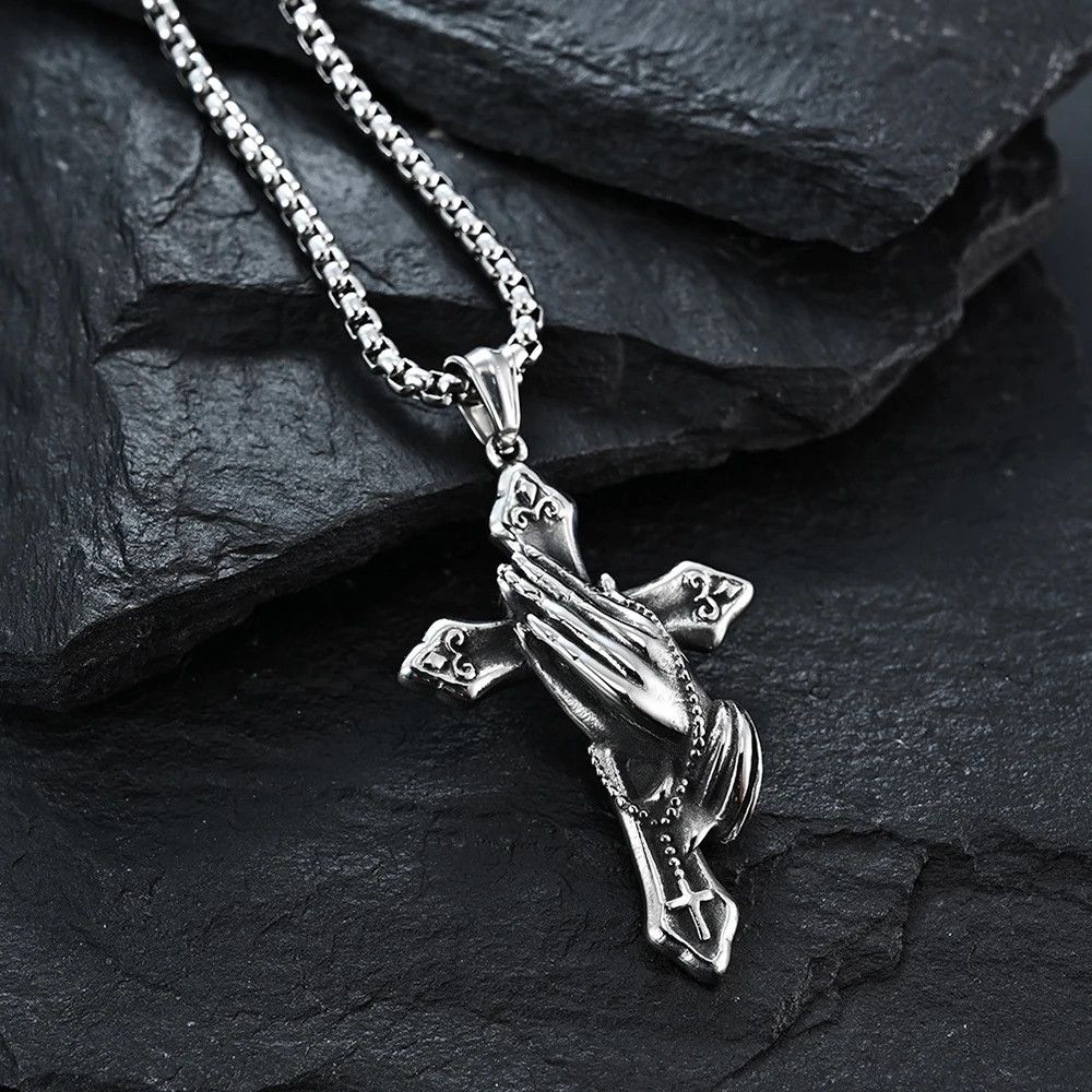 Jewelry Vintage Praying Hands Cross Pendant Necklace Size ONE SIZE - 4 Thumbnail