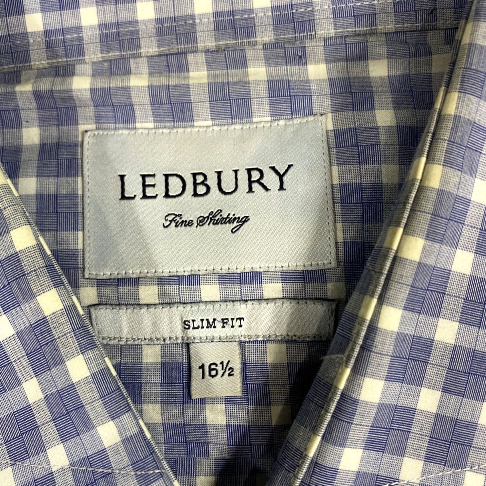 Vintage Ledbury Mens Shirt Slim Fit Gingham Check Spread Collar 16.5 Blue Mens Shirt Size US XL / EU 56 / 4 - 4 Thumbnail