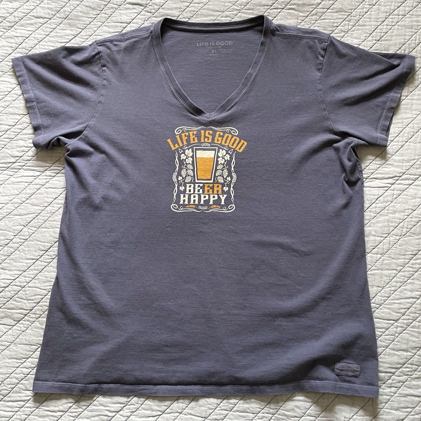 Life is Good Life Is Good Crusher T-Shirt Women's XL “Life Is Good Beer Happy” V-neck Blue Short Sleeve 100% Cotton Knit Vintage No N/A Size XL / US 12-14 / IT 48-50 - 3 Thumbnail