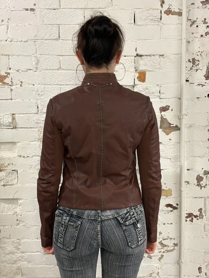 Marithe + Francois Girbaud 2000s Marithé + François Girbaud Brown Asymmetrical Leather Jacket Size S / US 4 / IT 40 - 3 Thumbnail